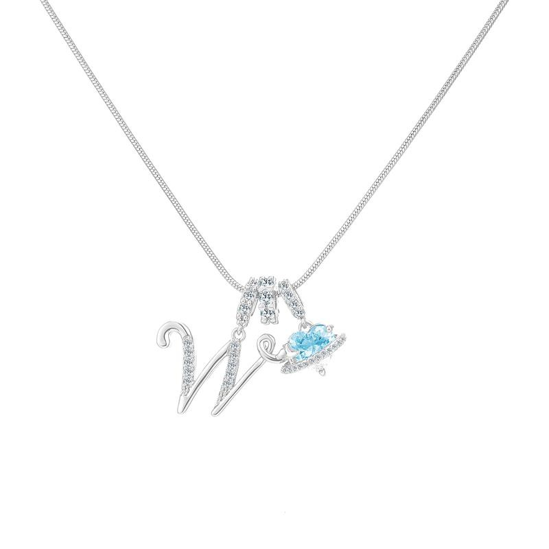 Best Friend Series, Ocean Blue Sweet Heart CZ Pendant Initial Necklace, Silver Stainless Steel Snake Chain Blue Zircon Heart Letter Necklace