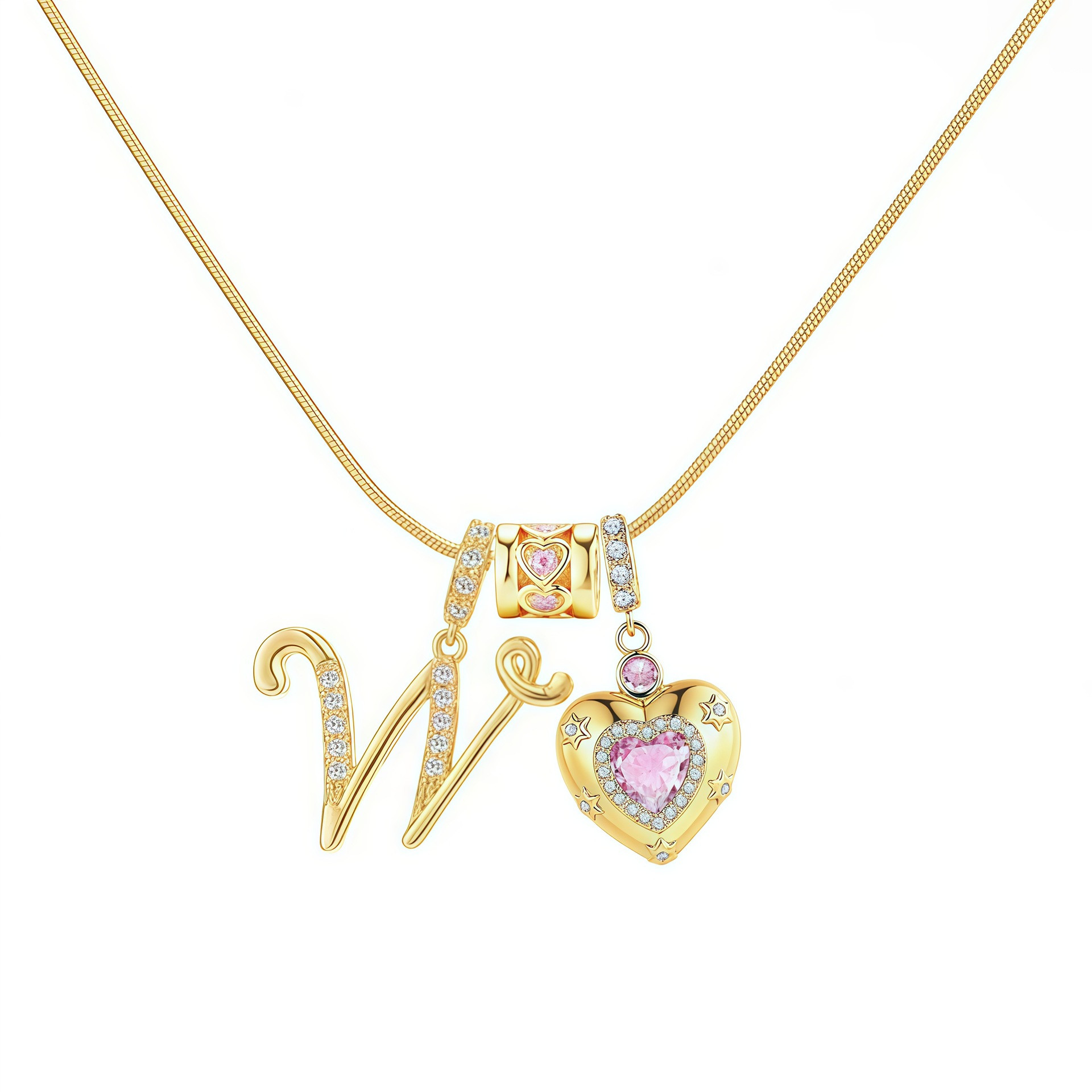 Dainty Heart Initial Letter DIY Necklace Series, 22K Gold Plated Stainless Steel Chain with Zircon Pendant