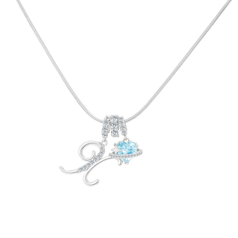 Best Friend Series, Ocean Blue Sweet Heart CZ Pendant Initial Necklace, Silver Stainless Steel Snake Chain Blue Zircon Heart Letter Necklace
