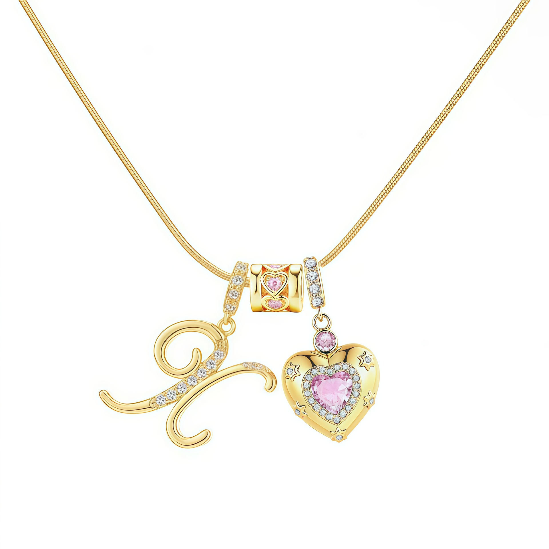 Dainty Heart Initial Letter DIY Necklace Series, 22K Gold Plated Stainless Steel Chain with Zircon Pendant