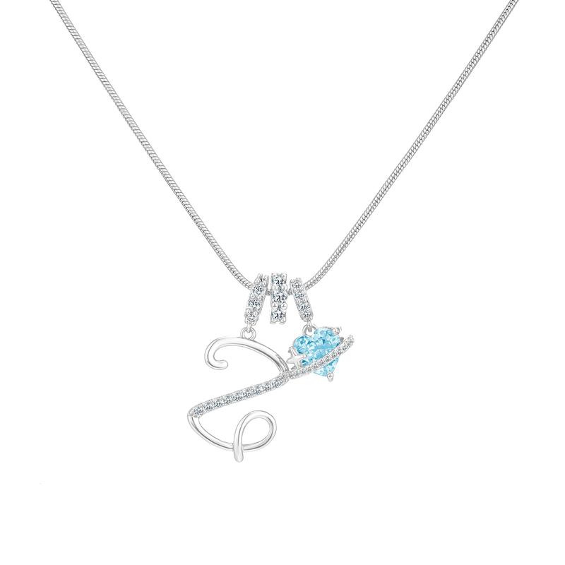 Best Friend Series, Ocean Blue Sweet Heart CZ Pendant Initial Necklace, Silver Stainless Steel Snake Chain Blue Zircon Heart Letter Necklace