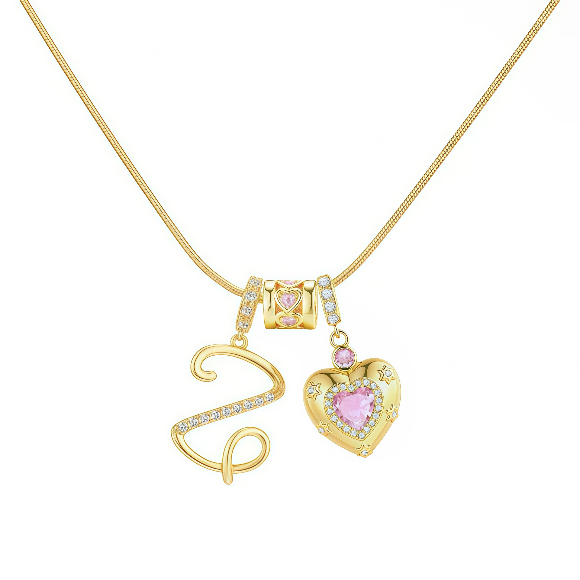 Dainty Heart Initial Letter DIY Necklace Series, 22K Gold Plated Stainless Steel Chain with Zircon Pendant