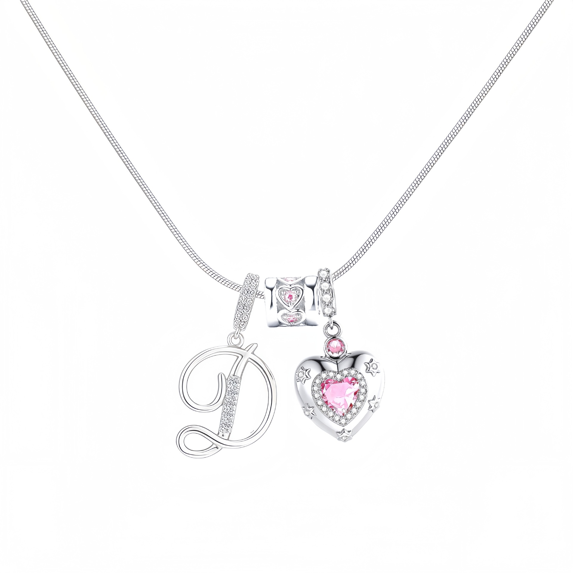 Dainty Heart Initial Letter DIY Necklace Series, 22K Gold Plated Stainless Steel Chain with Zircon Pendant