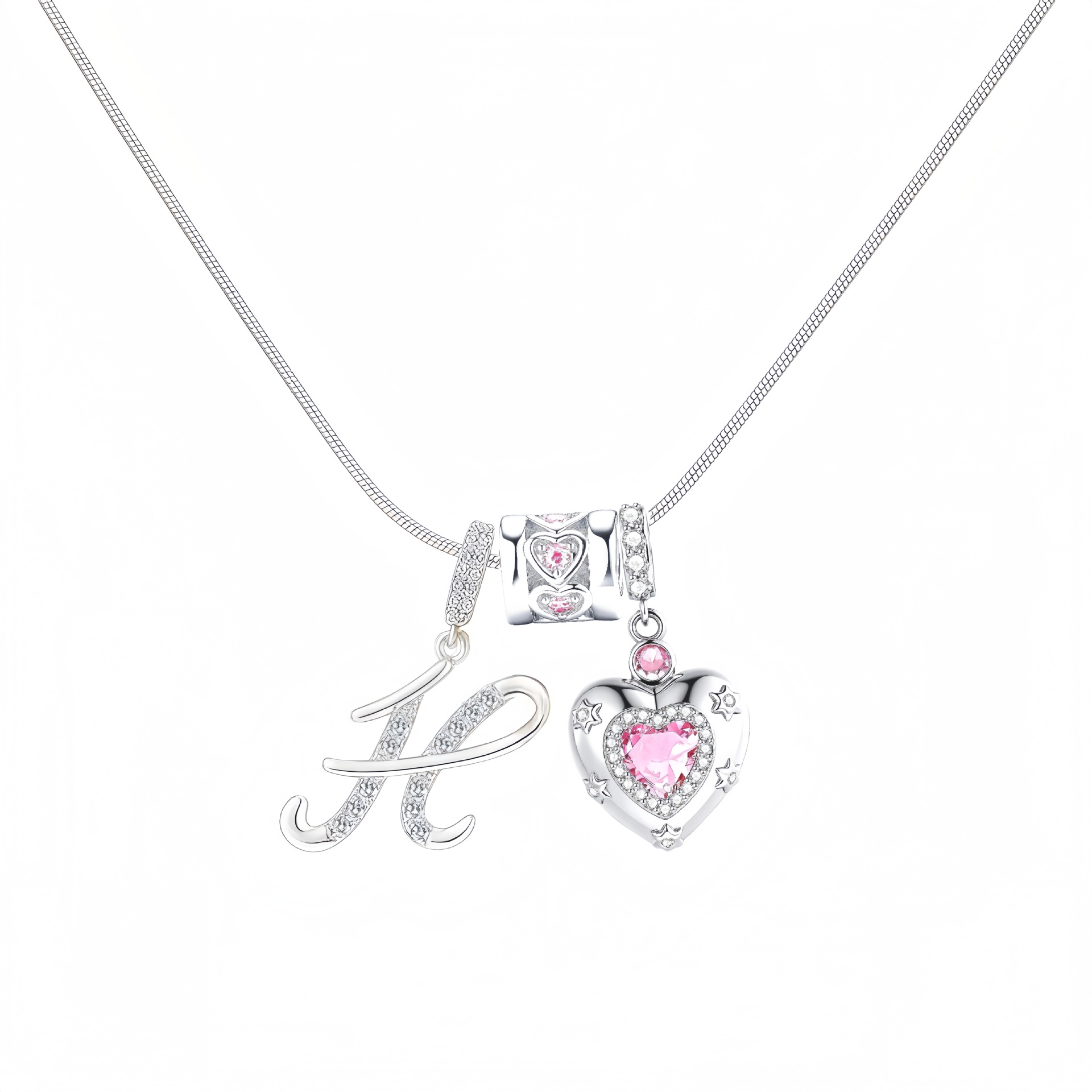 Dainty Heart Initial Letter DIY Necklace Series, 22K Gold Plated Stainless Steel Chain with Zircon Pendant