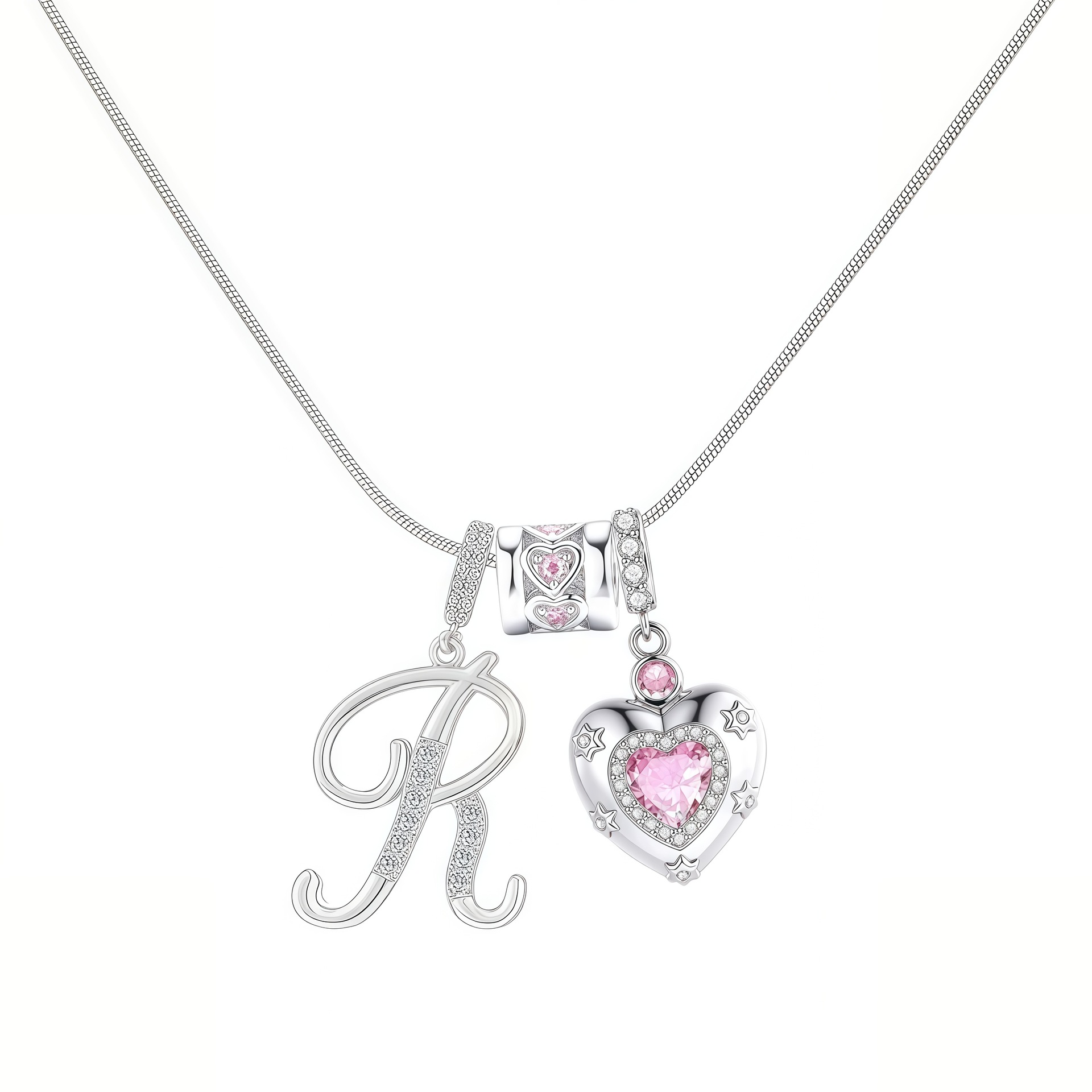 Dainty Heart Initial Letter DIY Necklace Series, 22K Gold Plated Stainless Steel Chain with Zircon Pendant