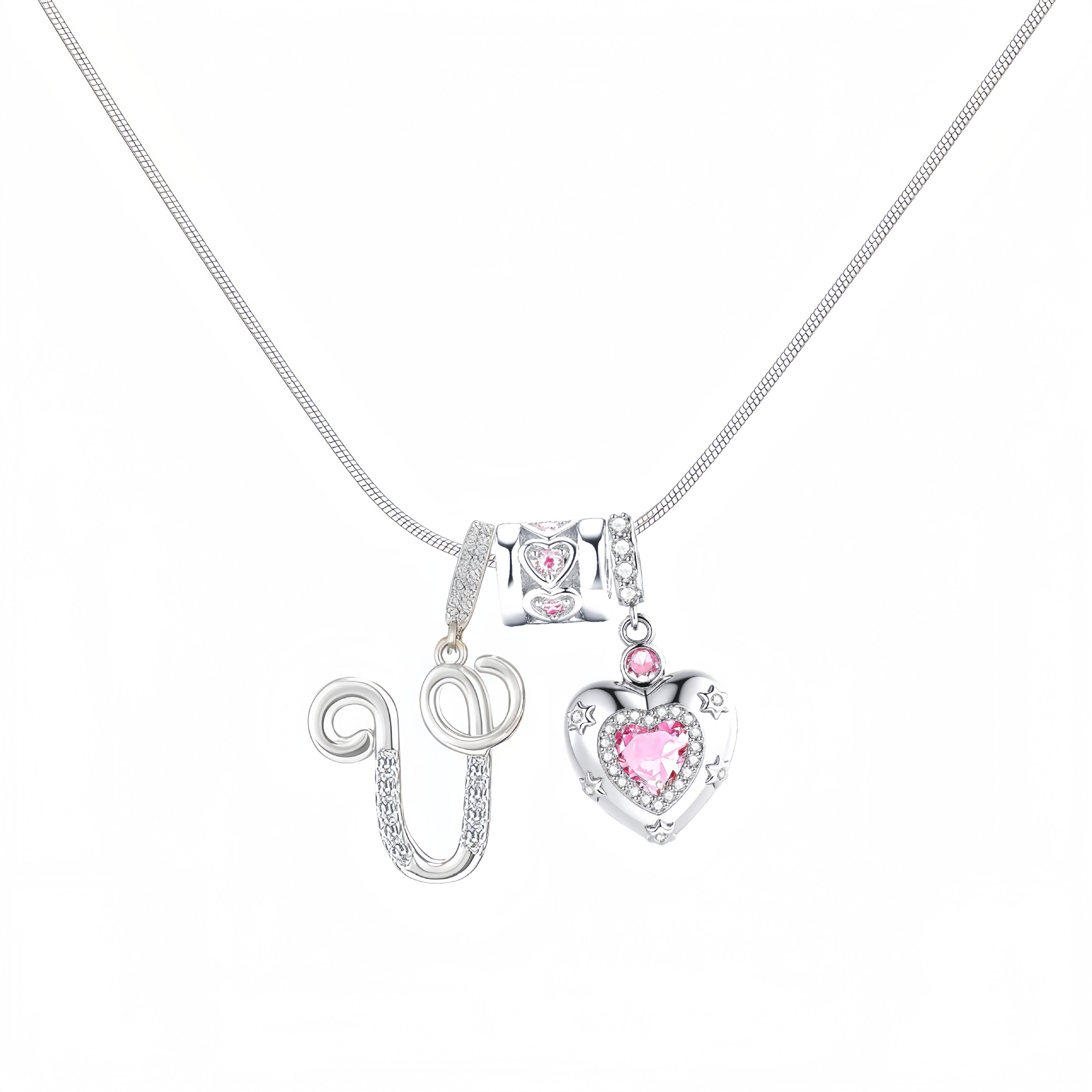 Dainty Heart Initial Letter DIY Necklace Series, 22K Gold Plated Stainless Steel Chain with Zircon Pendant