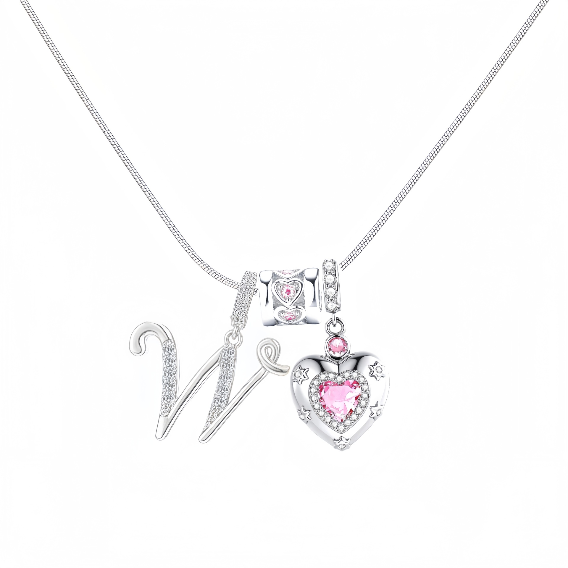 Dainty Heart Initial Letter DIY Necklace Series, 22K Gold Plated Stainless Steel Chain with Zircon Pendant