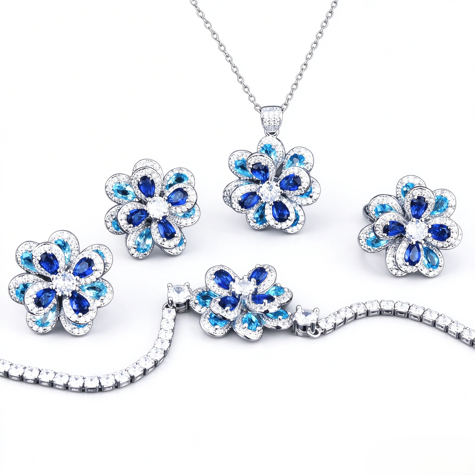 Zircon Flower Silver Needle Earrings Camellia Necklace Bracelet Ring