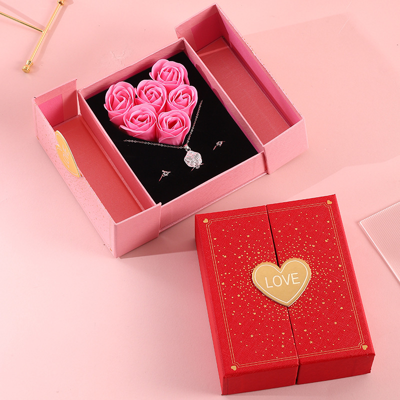 Double Opening Heart Shaped Soap Rose Jewelry Gift Box