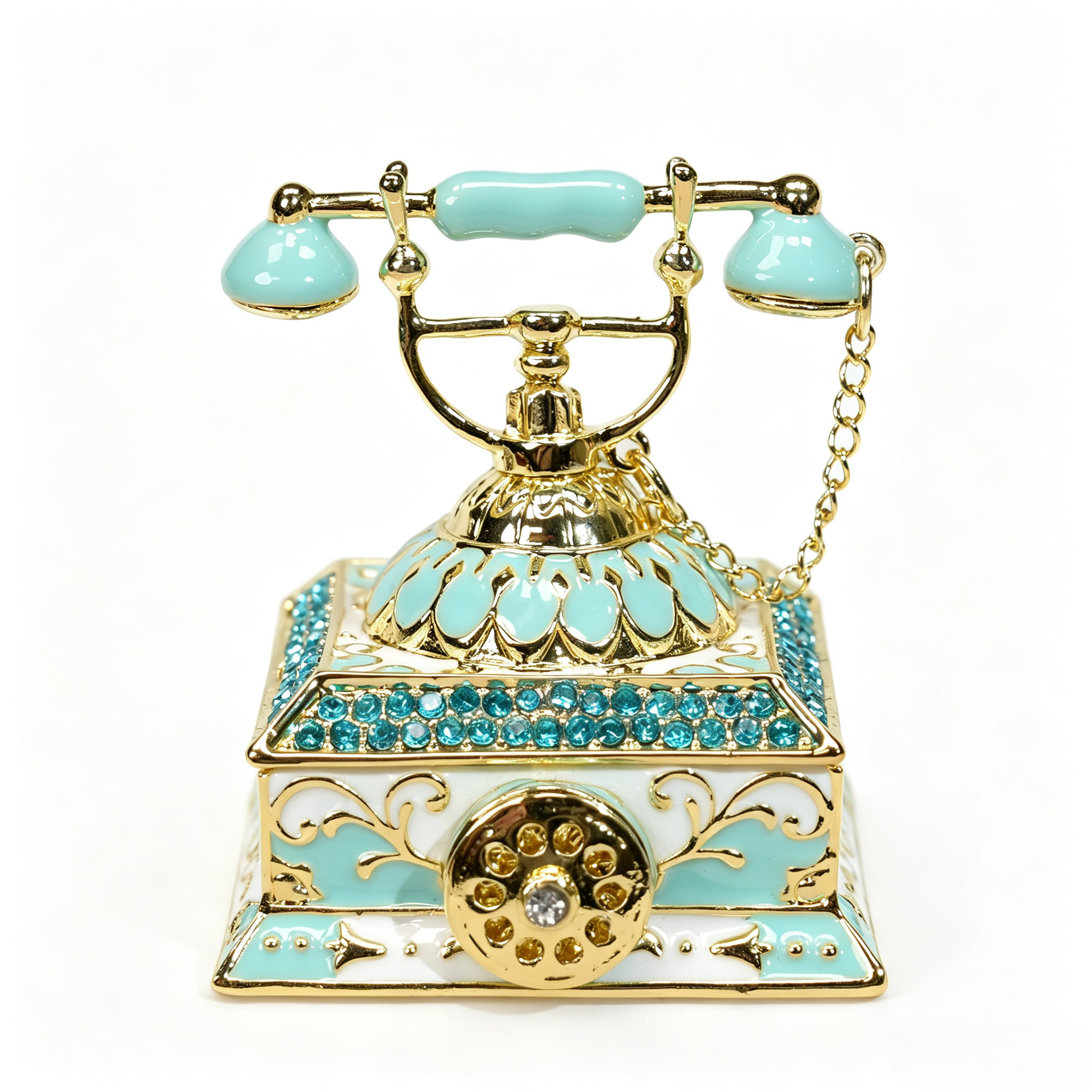 Enamel Telephone Trinket Box, Vintage Phone Shape Jewellery Box With Crystals