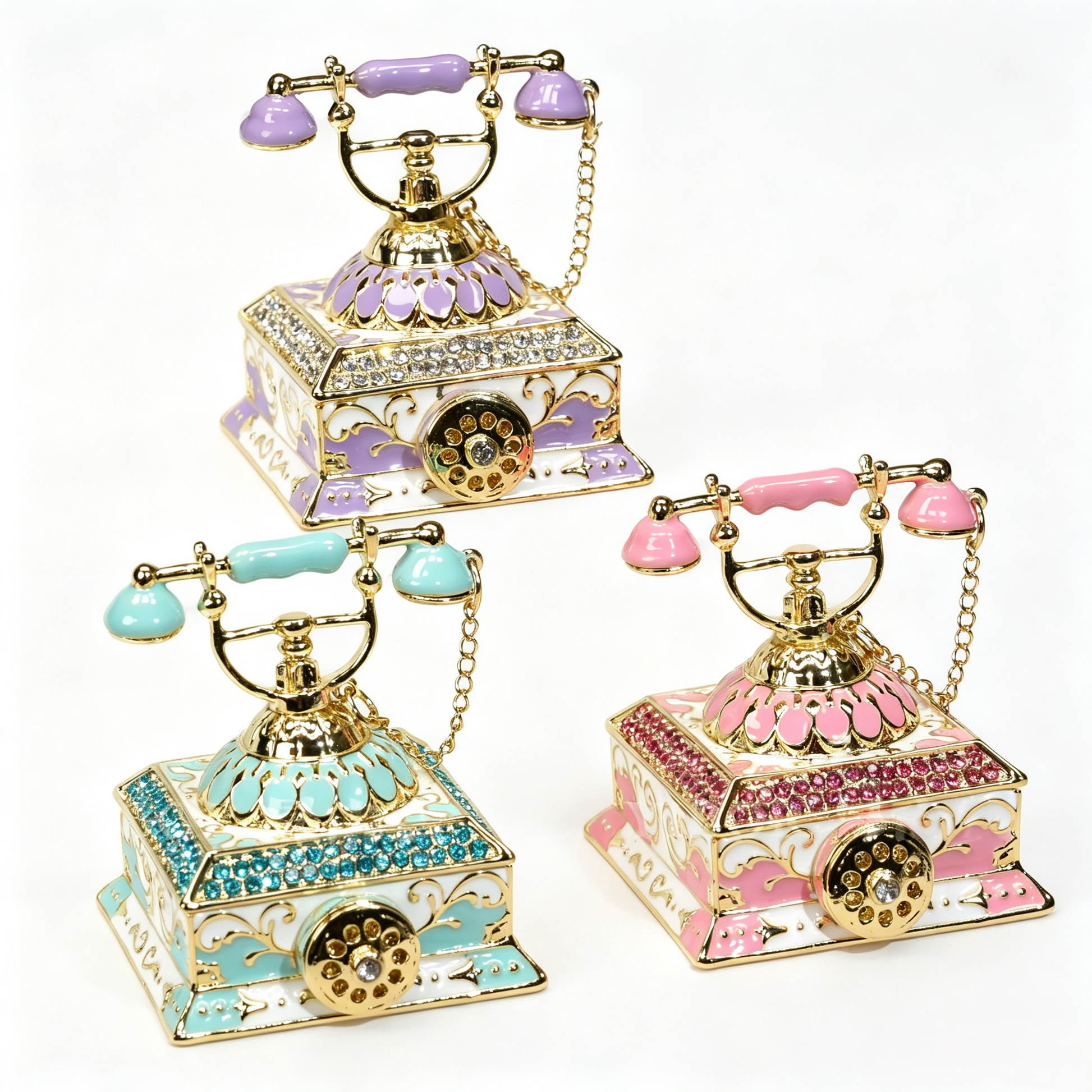 Enamel Telephone Trinket Box, Vintage Phone Shape Jewellery Box With Crystals