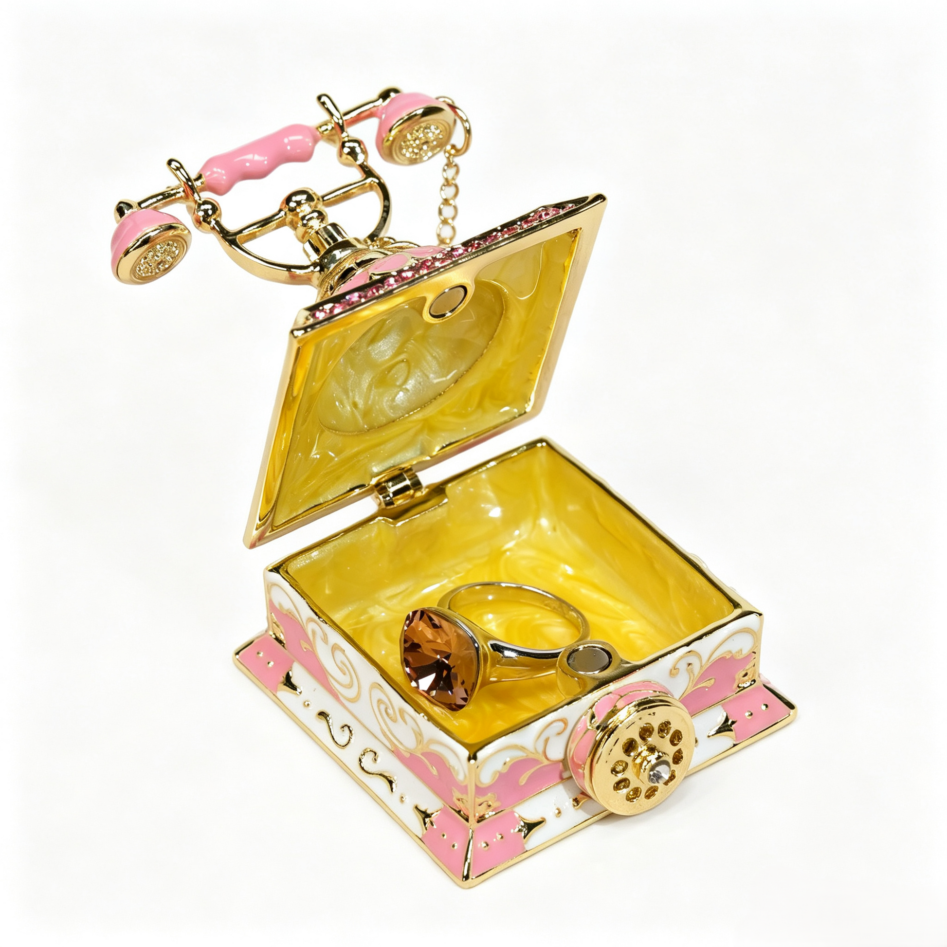 Enamel Telephone Trinket Box, Vintage Phone Shape Jewellery Box With Crystals