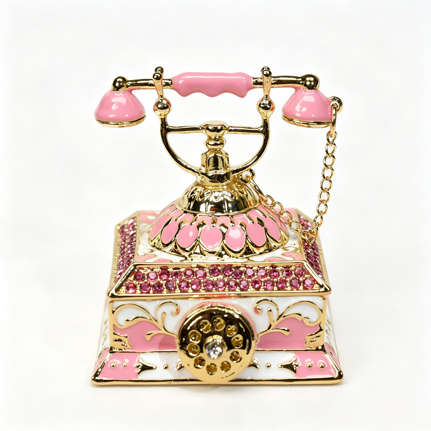 Enamel Telephone Trinket Box, Vintage Phone Shape Jewellery Box With Crystals