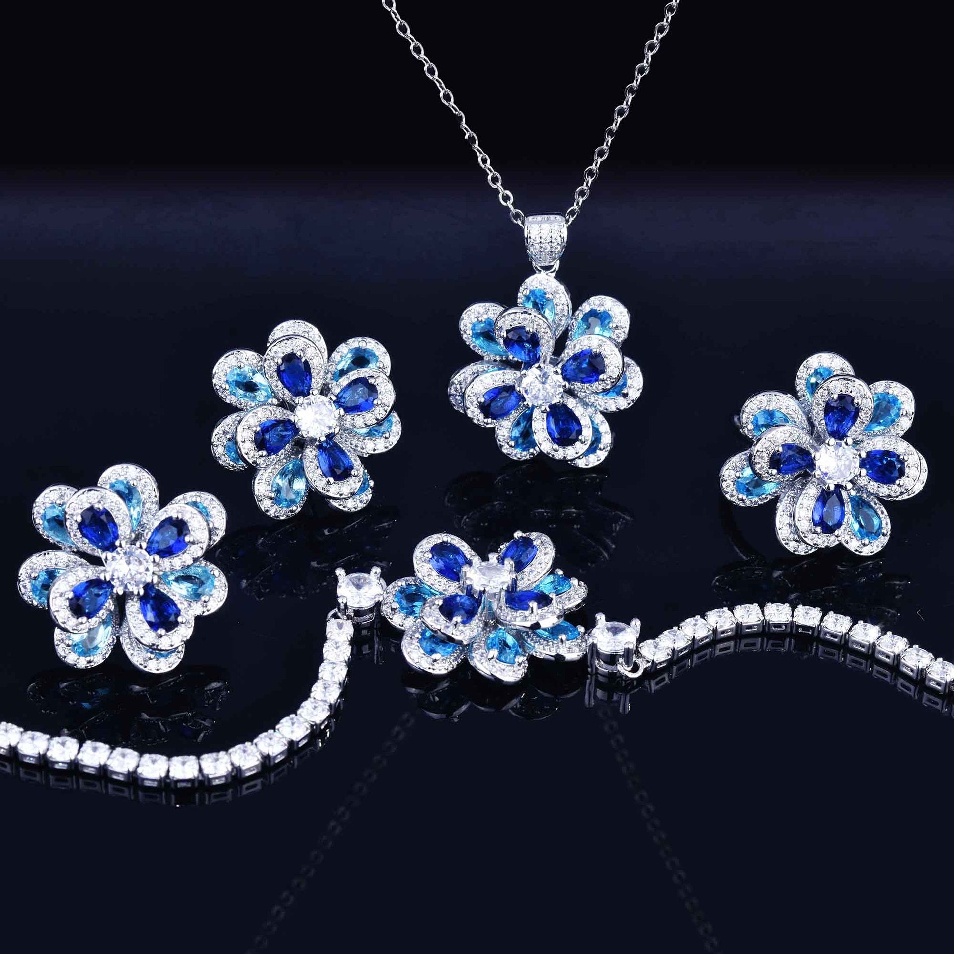 Zircon Flower Silver Needle Earrings Camellia Necklace Bracelet Ring