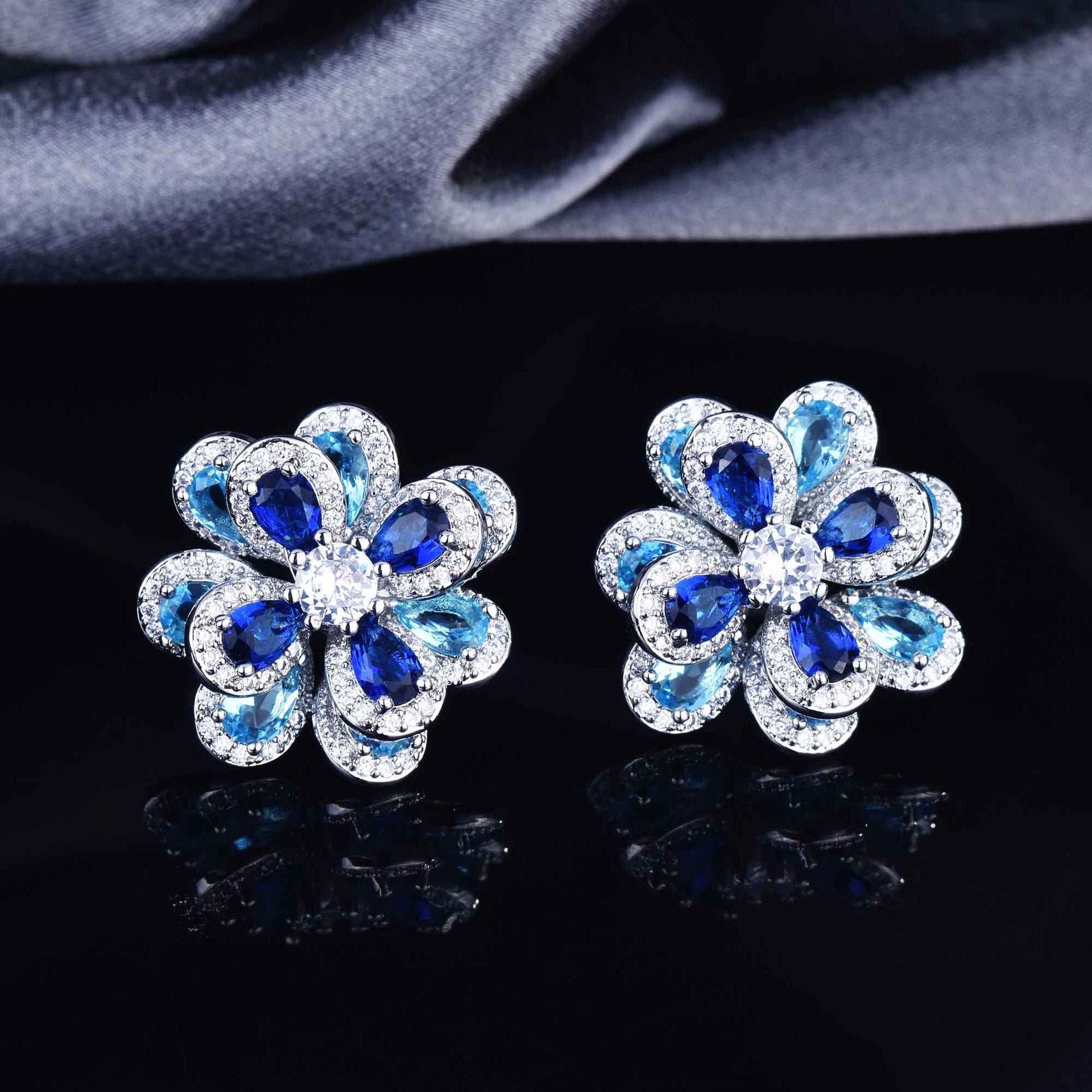 Zircon Flower Silver Needle Earrings Camellia Necklace Bracelet Ring
