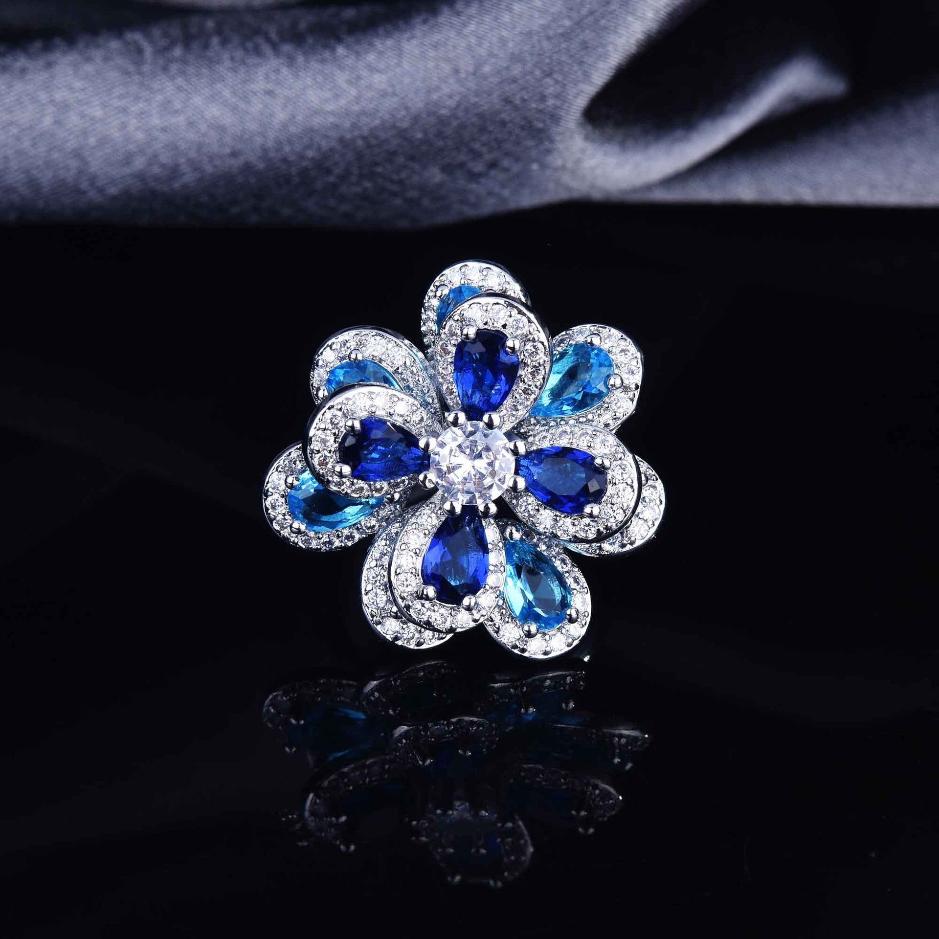 Zircon Flower Silver Needle Earrings Camellia Necklace Bracelet Ring