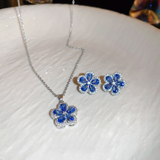 Zircon Flower Silver Needle Earrings Camellia Necklace Bracelet Ring