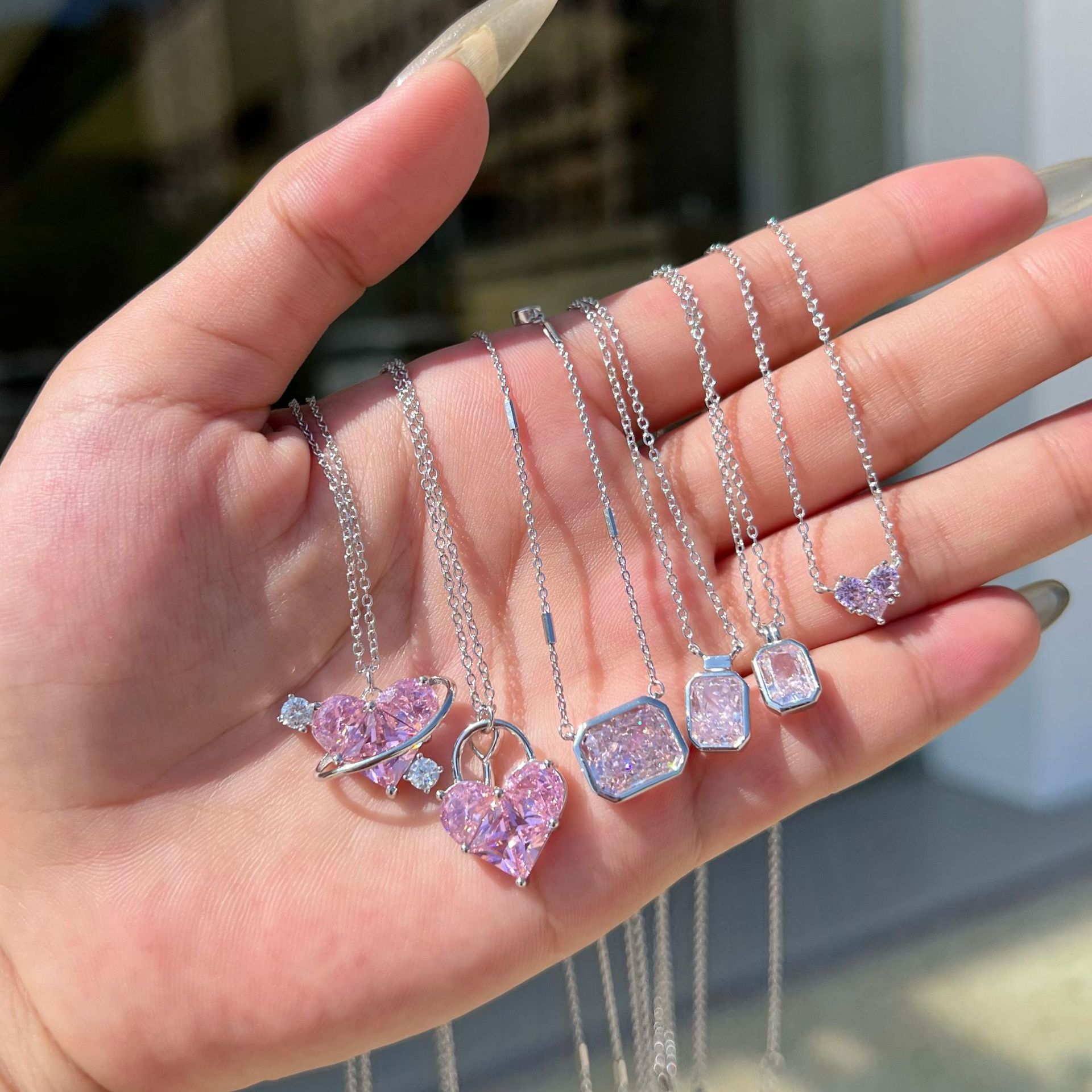 925Silver Sparkling Forest-Style Pink Heart Necklace