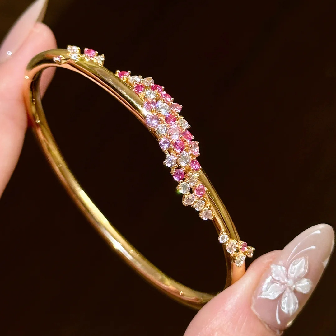 Peach Pink Diamond Flower Wrapped Zircon Bracelet