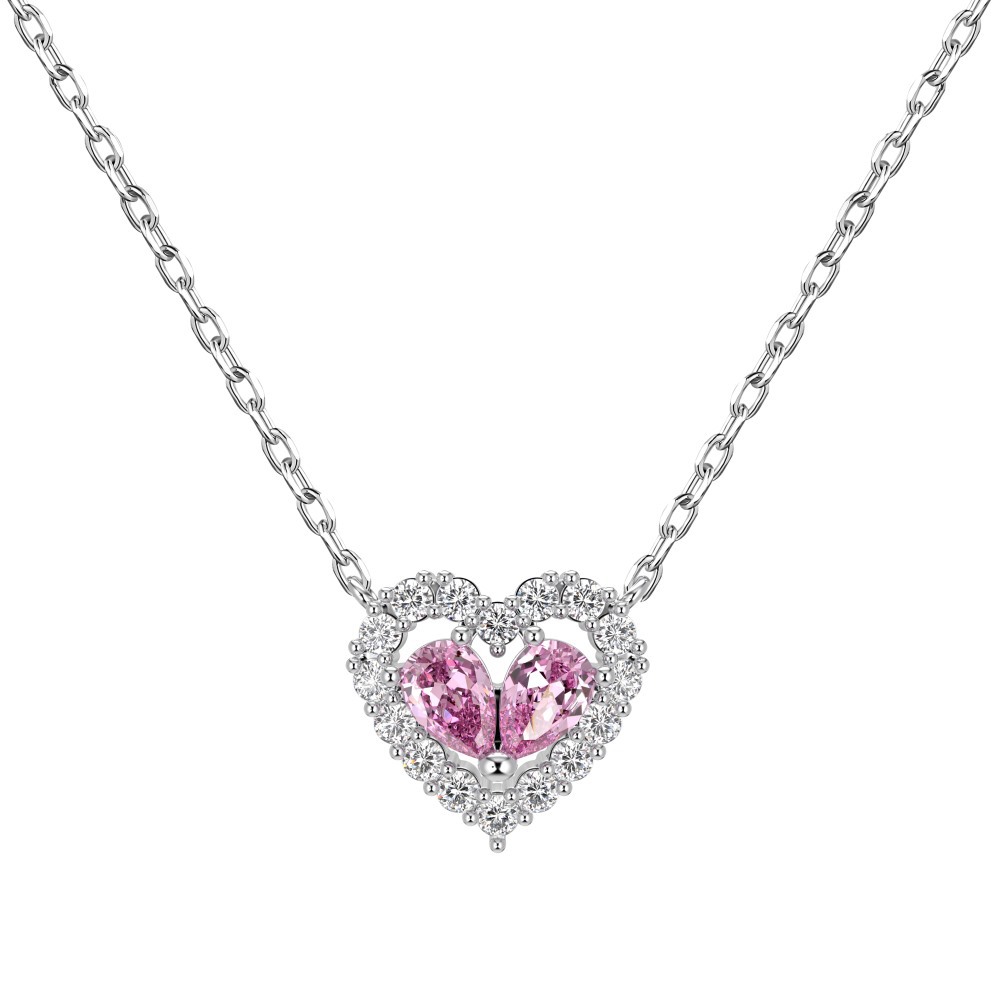 S925 Silver Pink Heart Hollow -Necklace / Ring / Earrings / Set