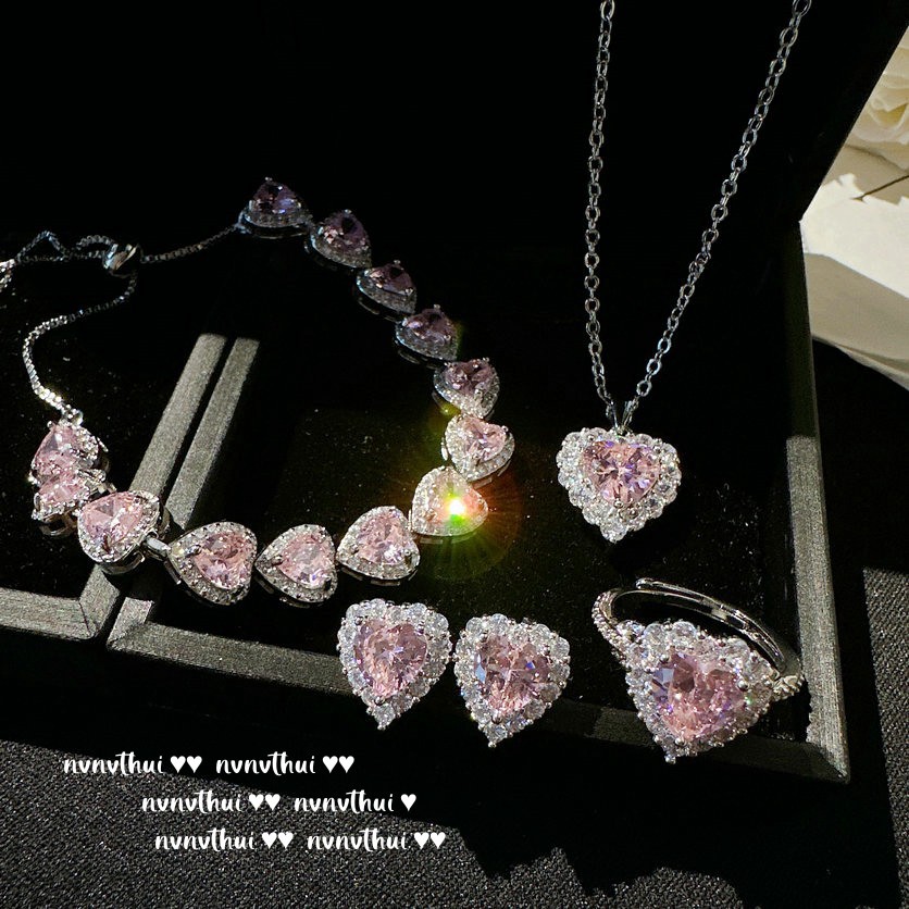 Sweetheart Peach Pink Heart Gemstone-Bracelet / Necklace / Ring / Earrings