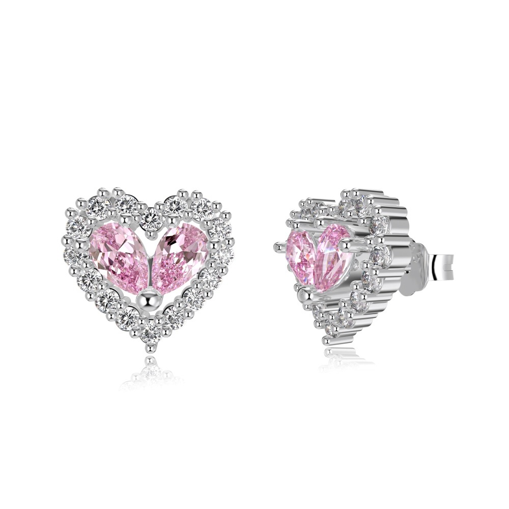 S925 Silver Pink Heart Hollow -Necklace / Ring / Earrings / Set