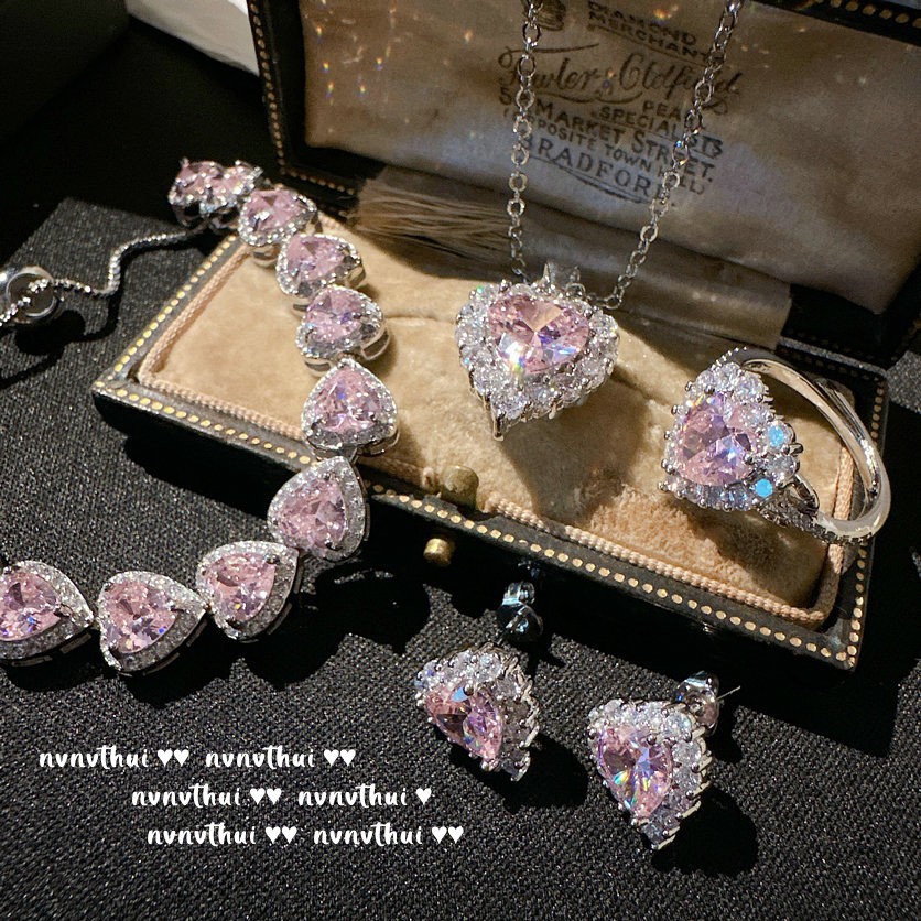 Sweetheart Peach Pink Heart Gemstone-Bracelet / Necklace / Ring / Earrings