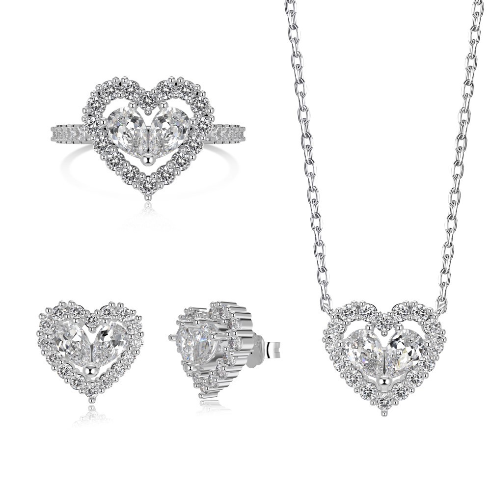 S925 Silver Pink Heart Hollow -Necklace / Ring / Earrings / Set