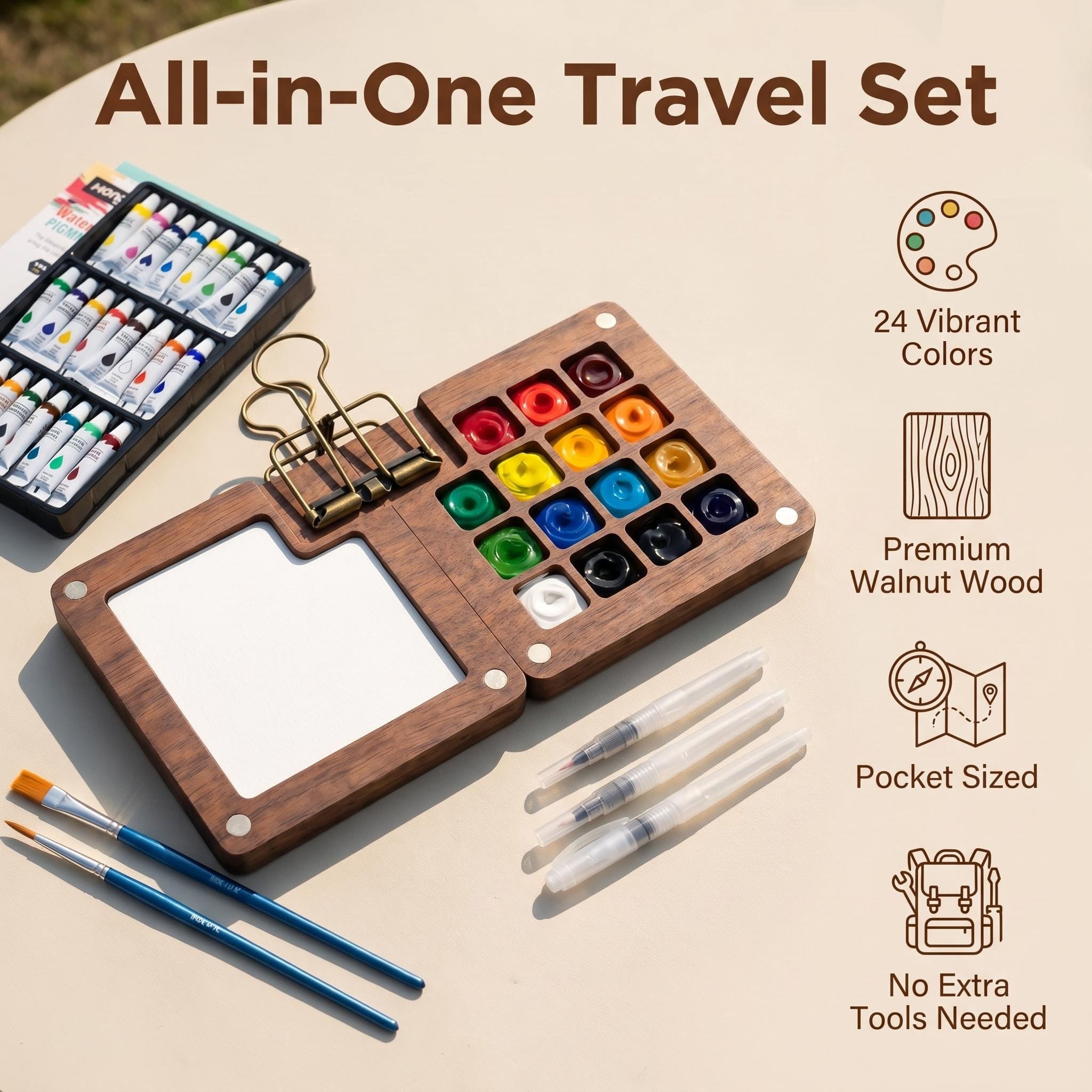 MQUPIN Mini Travel Watercolor Paint Set-Portable Paint Kit with Paints, Brush, Sketchbook & Copper Clip | For Beginners, Professional Artists & Painting Enthusiasts.