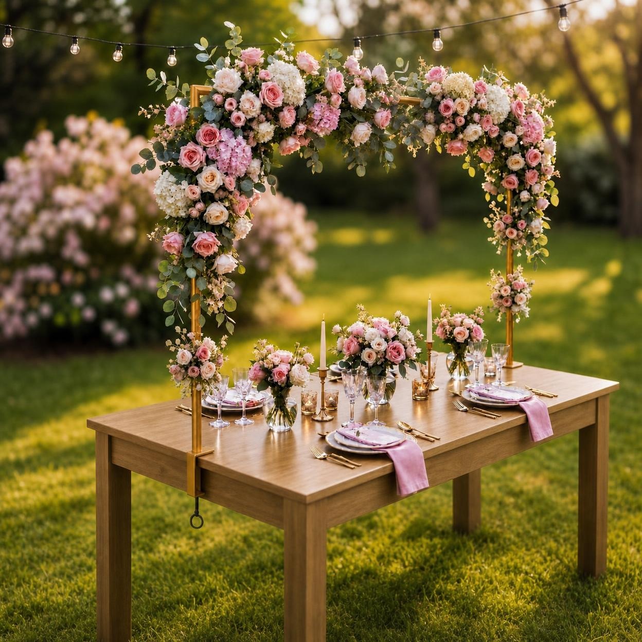 MQUPIN Over The Table Rod Stand with Clamps Adjustable 13''-47'' Tall 29\"-98\" Length Gold Table Arch Hanging for Wedding Birthday Party Halloween Christmas