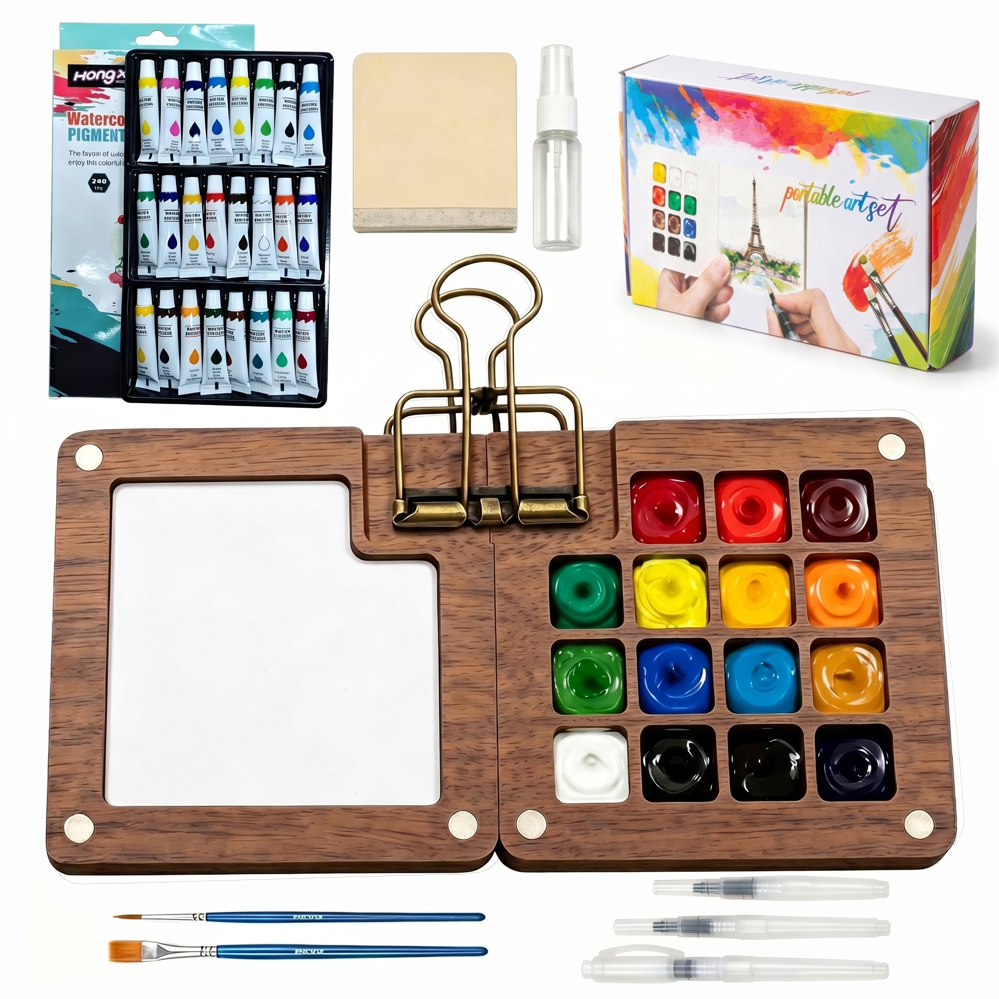 MQUPIN Mini Travel Watercolor Paint Set-Portable Paint Kit with Paints, Brush, Sketchbook & Copper Clip | For Beginners, Professional Artists & Painting Enthusiasts.