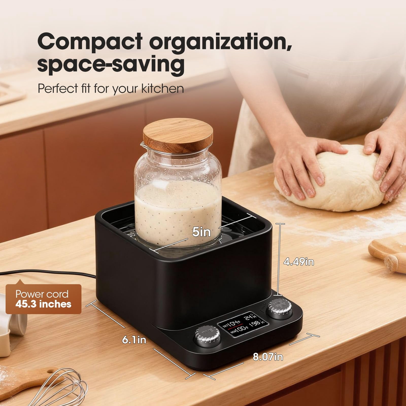 Sourdough Starter Warmer, Water Bath Uniform Warming, Precise 1°F Thermostat (70–104°F), 198H Timer, Fits Jars Up to 50oz, Sourdough Heater for Sourdough Home Baking & Consistent Fermentation