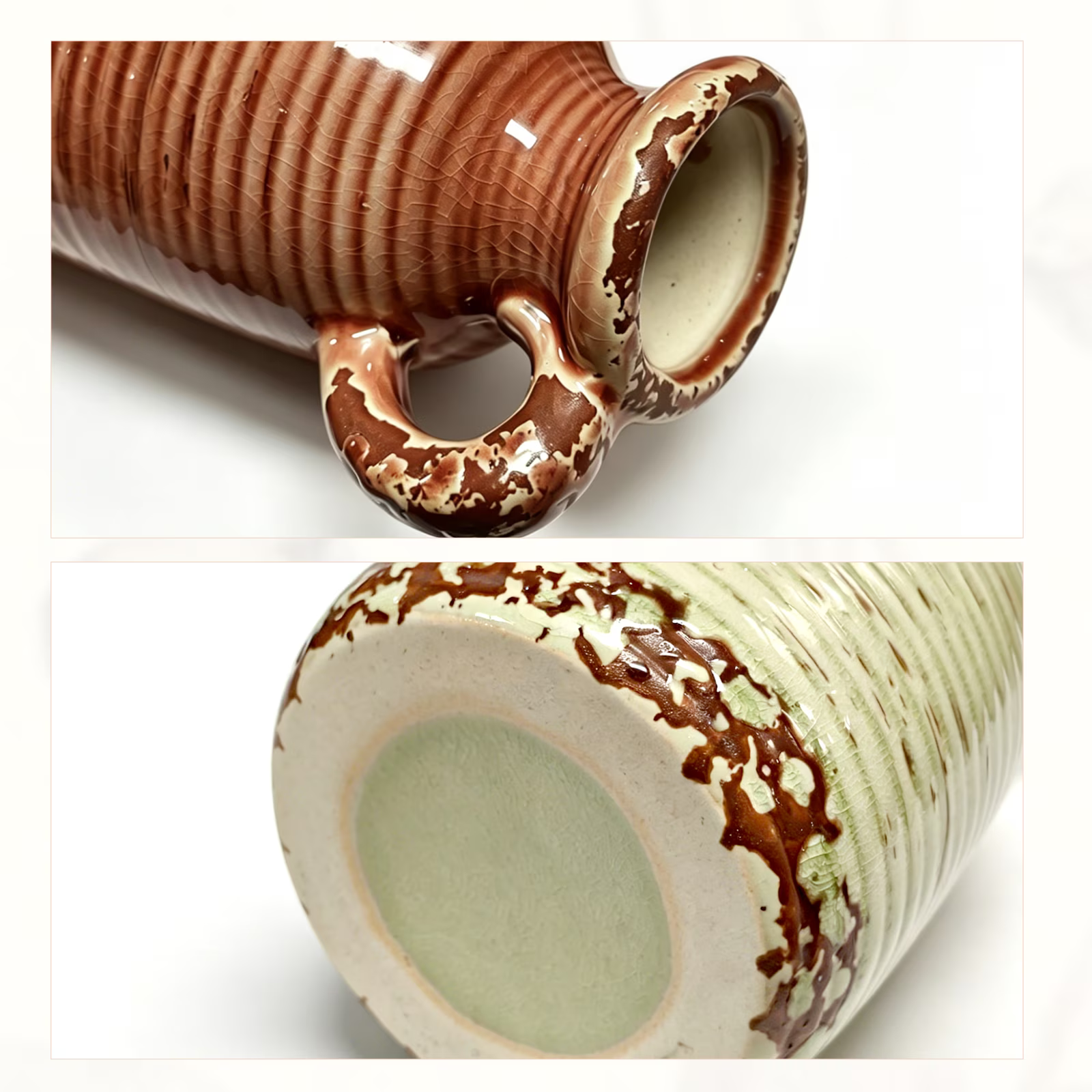 Set of 3 Neutral Ceramic Vases with Handle, Rustic Farmhouse Boho Decorative Vases for Pampas Grass, Table, Mantel, Living Room, Kitchen, Bathroom