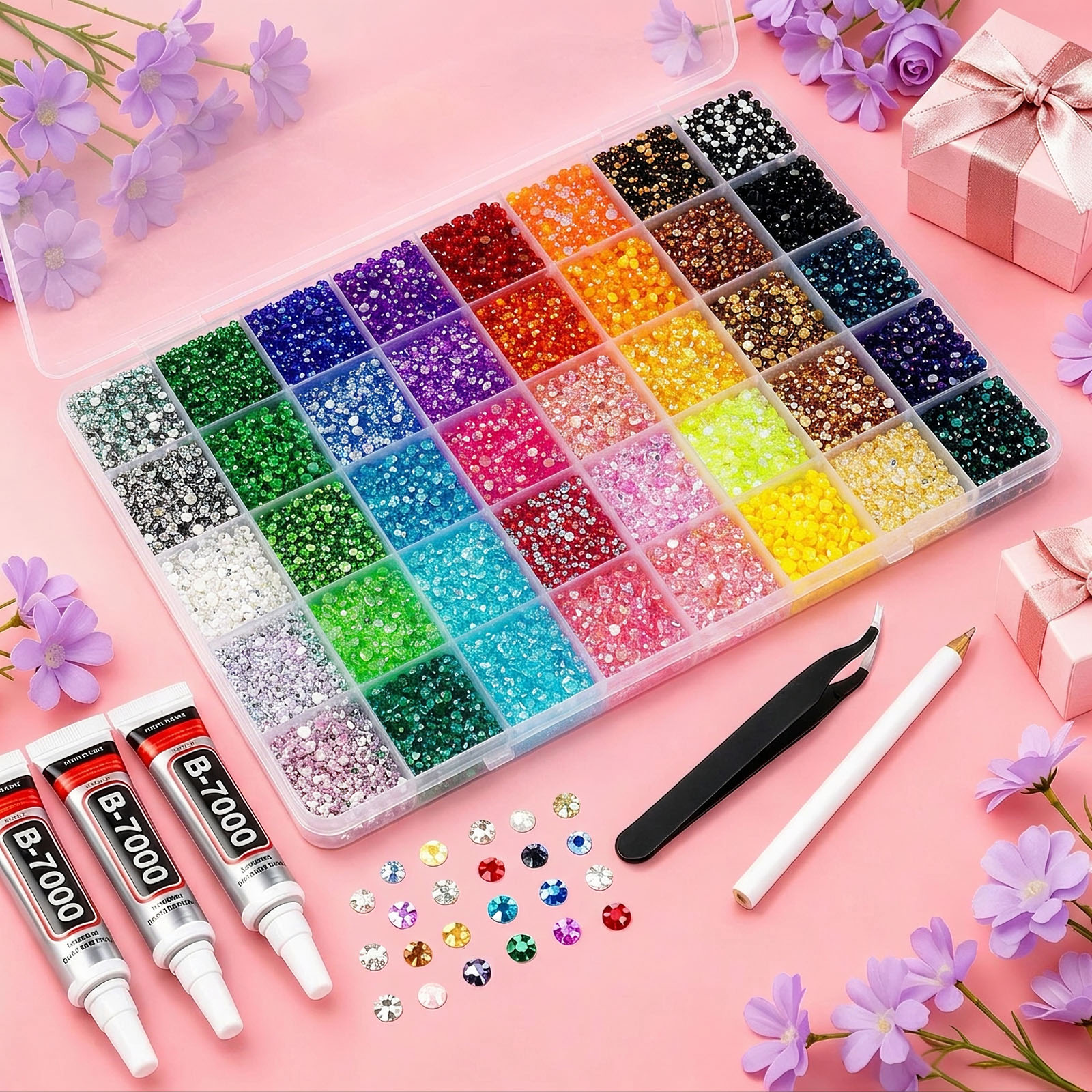 Bedazzler Kit with Rhinestones, 40000 Jelly Gems, 3mm Multicolor Crystal, 3 B7000 Glue for Diamond Art, Nail Art & Crafts