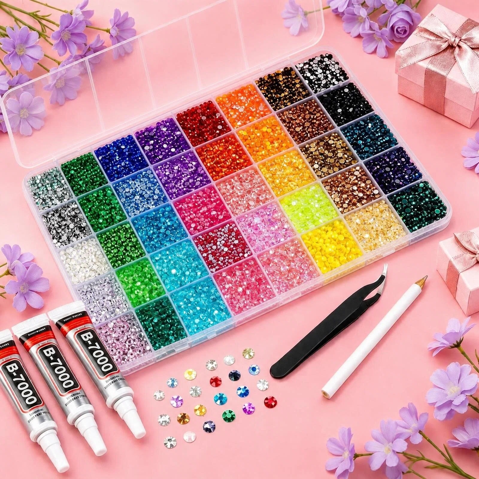 Bedazzler Kit with Rhinestones, 40000 Jelly Gems, 3mm Multicolor Crystal, 3 B7000 Glue for Diamond Art, Nail Art & Crafts