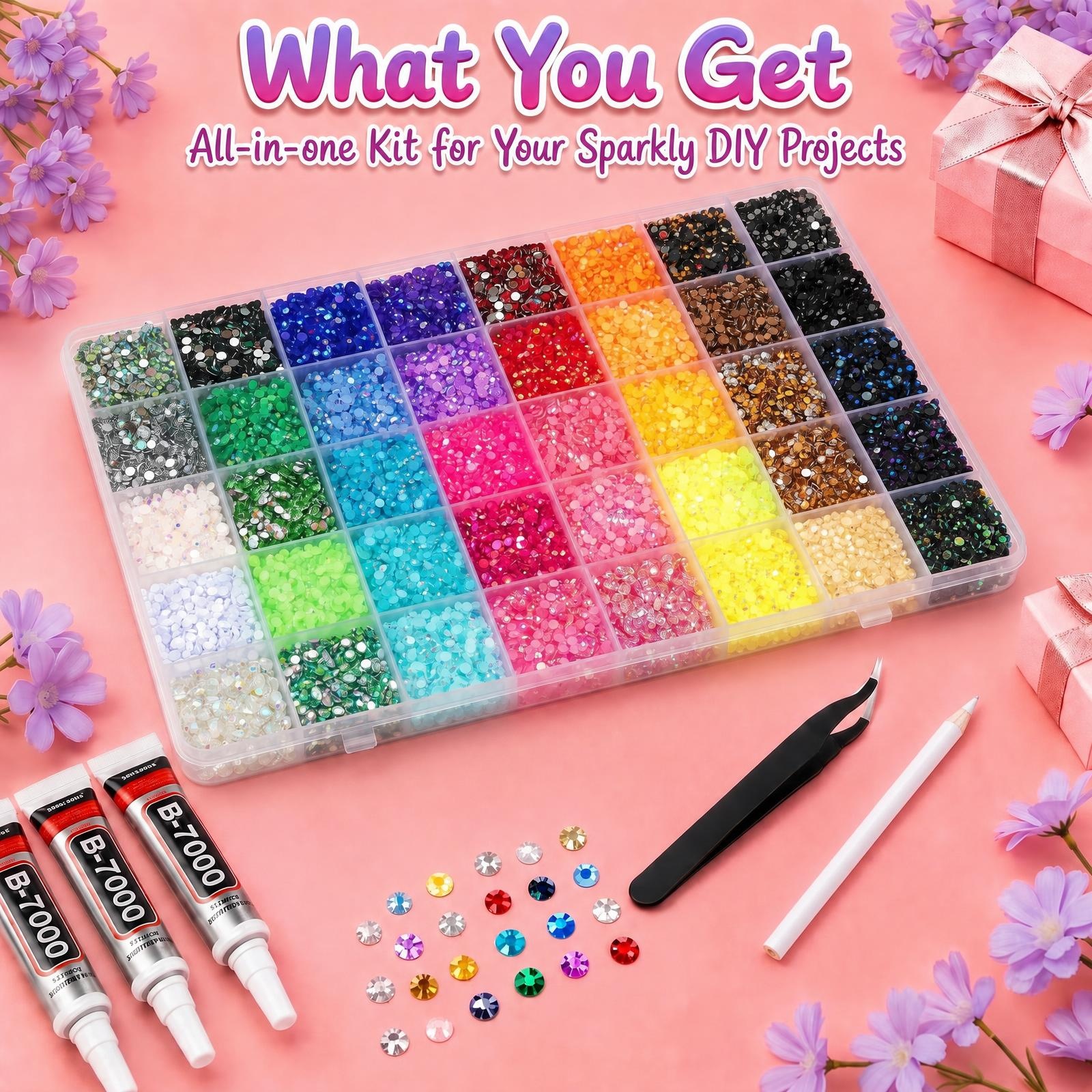Bedazzler Kit with Rhinestones, 40000 Jelly Gems, 3mm Multicolor Crystal, 3 B7000 Glue for Diamond Art, Nail Art & Crafts