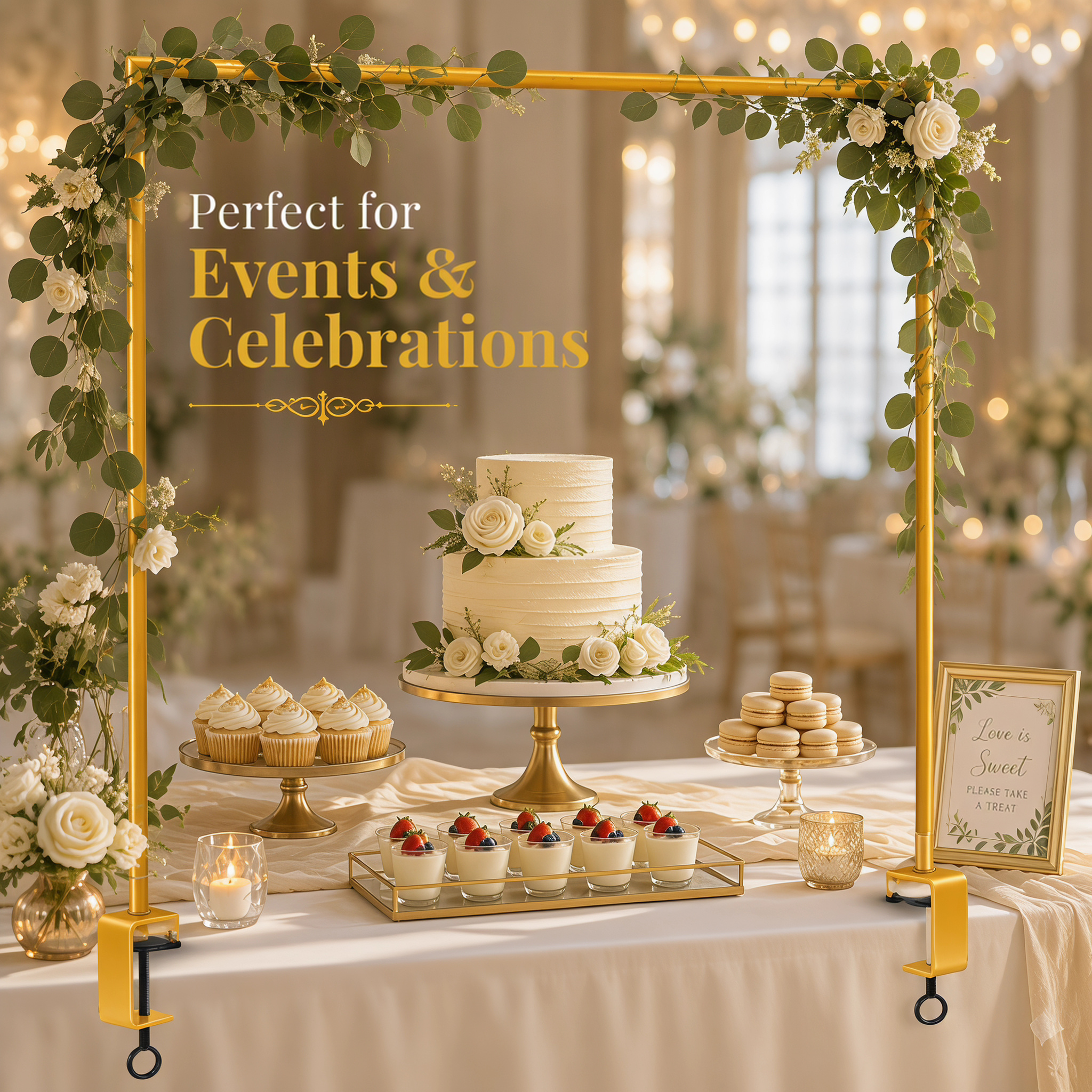 MQUPIN Over The Table Rod Stand with Clamps Adjustable 13''-47'' Tall 29\"-98\" Length Gold Table Arch Hanging for Wedding Birthday Party Halloween Christmas