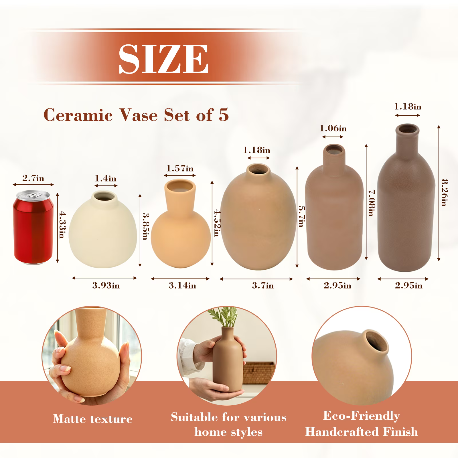 Ceramic Vase Set of 5, Vases Home Decor Rustic Farmhouse Decorative Vase Pottery Vases for Bouquet Pampas Grass Dried Fresh Flowers, Table Living Room Kitchen Bedroom Bathroom - Brown