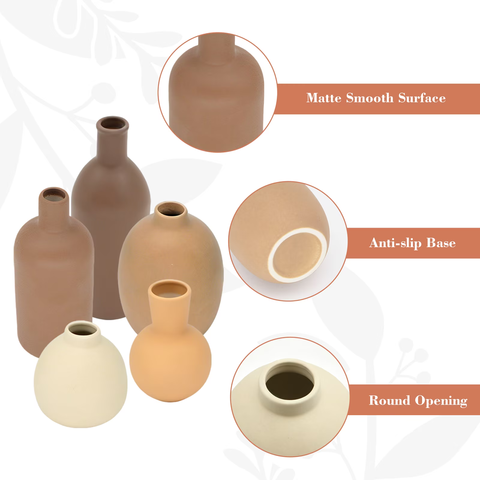 Ceramic Vase Set of 5, Vases Home Decor Rustic Farmhouse Decorative Vase Pottery Vases for Bouquet Pampas Grass Dried Fresh Flowers, Table Living Room Kitchen Bedroom Bathroom - Brown