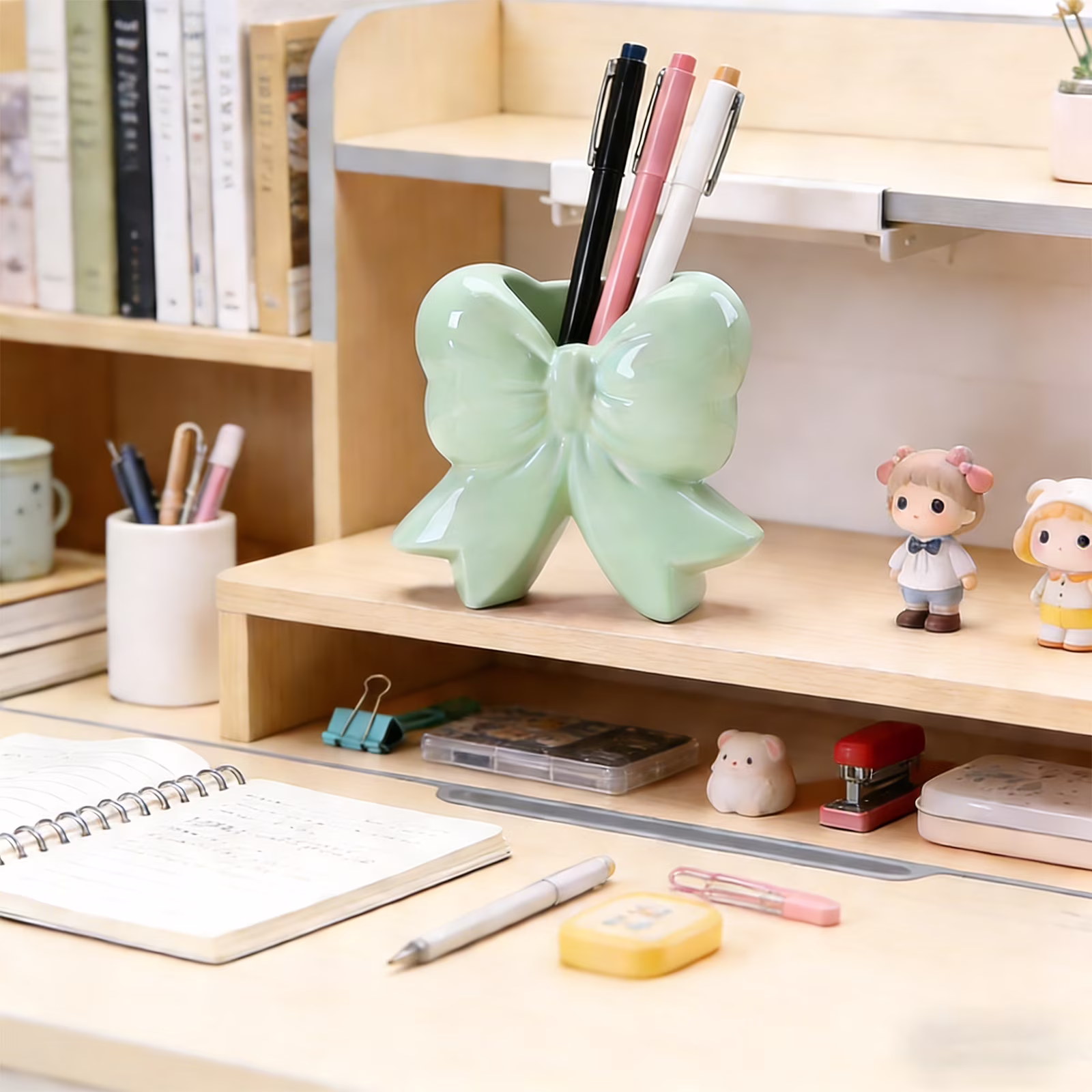 Green Bow Coquette Ceramic Vase - Multifunctional Pen & Makeup Brush Holder, Contemporary Home Office Decor, Perfect Christmas Gift for Women (4.5x1.9x4.7 in)