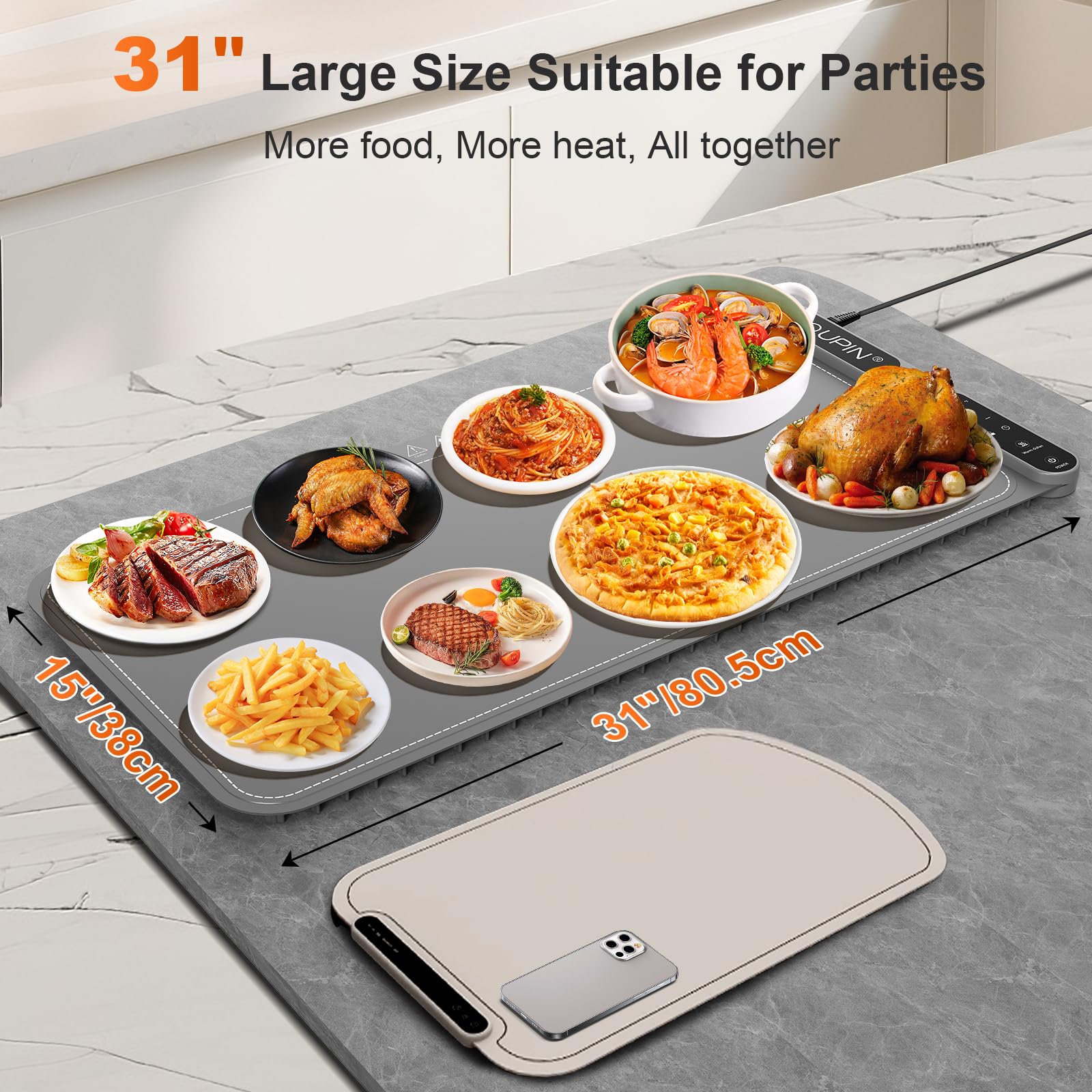 Warming Mat for Food Extra Large, Electric Roll Up Food Warming Mat for Buffet, Warming Tray Mat for Food XL, 47"x15" Portable Heating Pad for Parties, 7 Level Temp 8 Hour Timer, Gifts