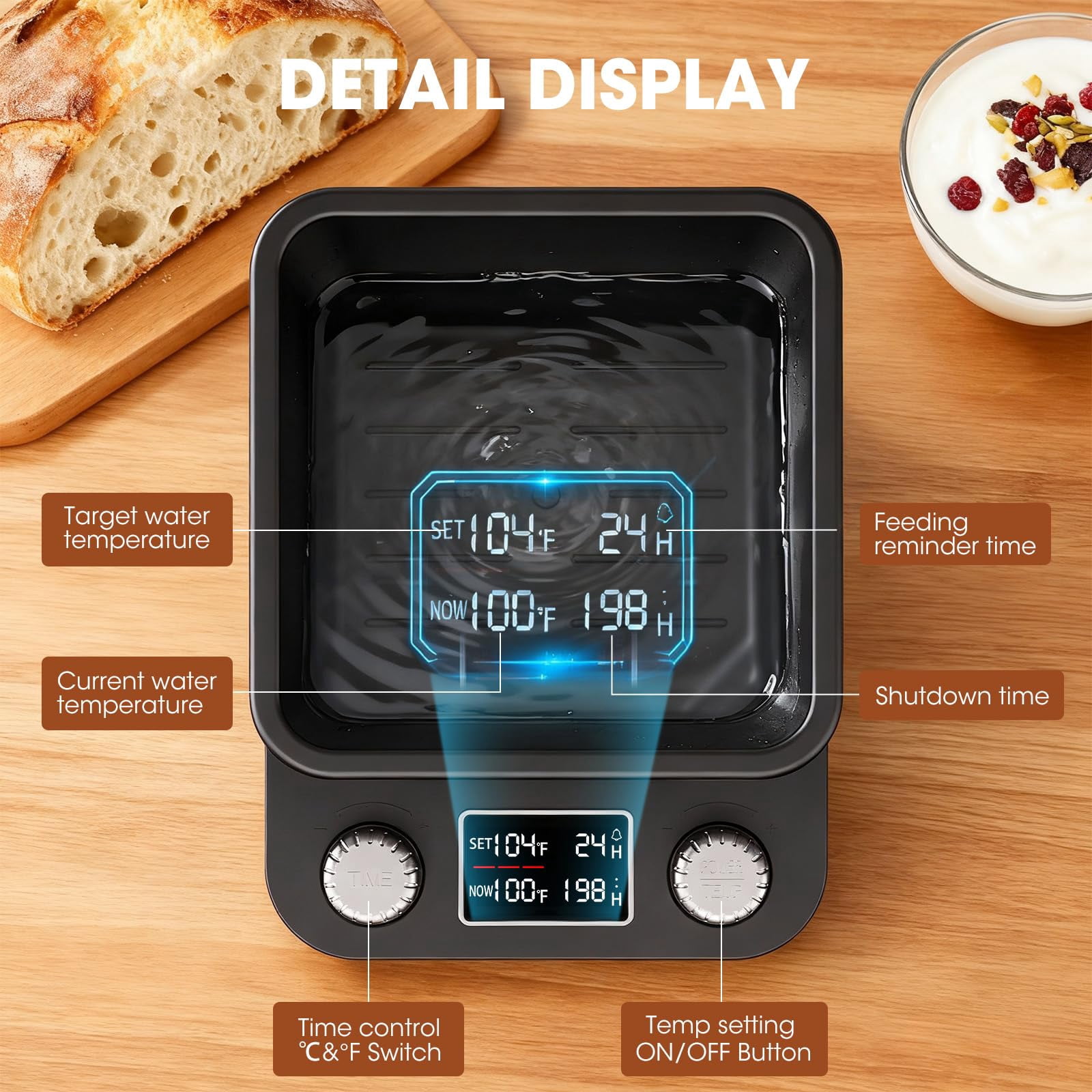 Sourdough Starter Warmer, Water Bath Uniform Warming, Precise 1°F Thermostat (70–104°F), 198H Timer, Fits Jars Up to 50oz, Sourdough Heater for Sourdough Home Baking & Consistent Fermentation