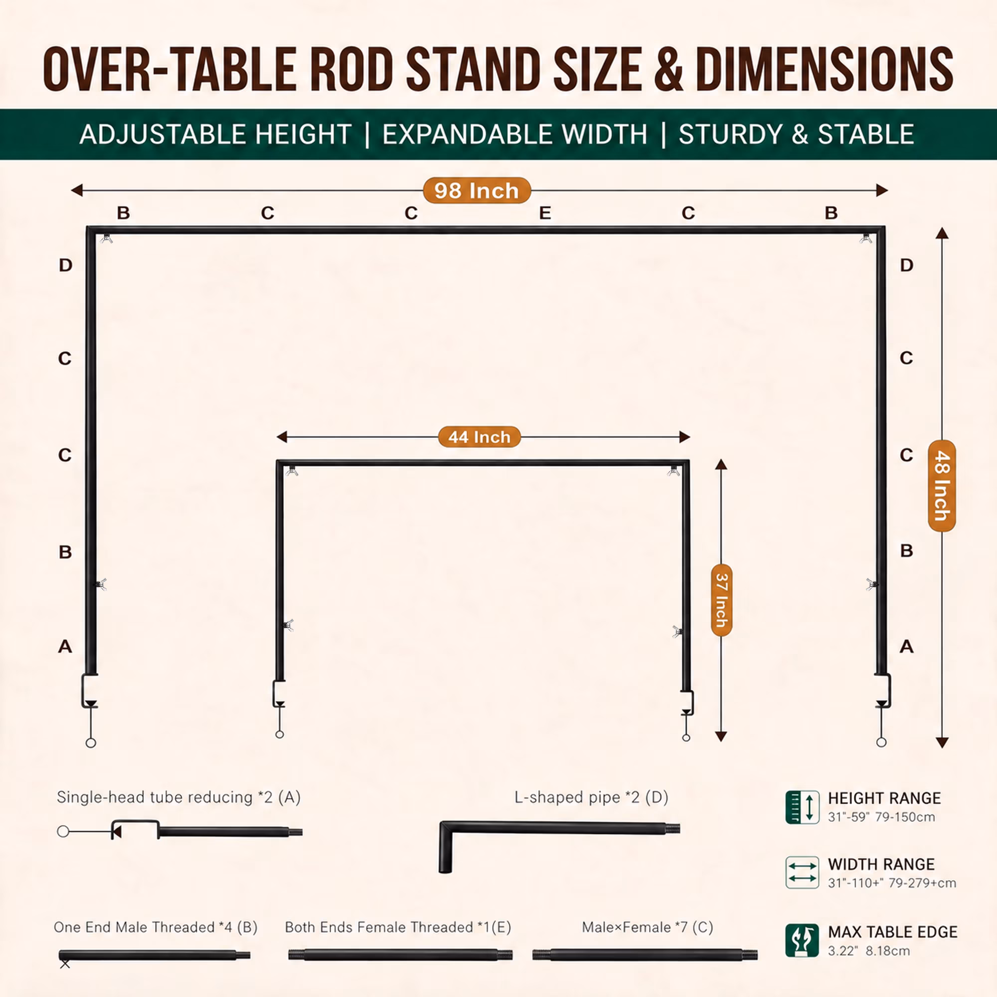 Over The Table Rod Stand with Clamps Adjustable 13''-47'' Tall 29"-98" Length Black Table Arch Hanging for Wedding Birthday Party Halloween Christmas