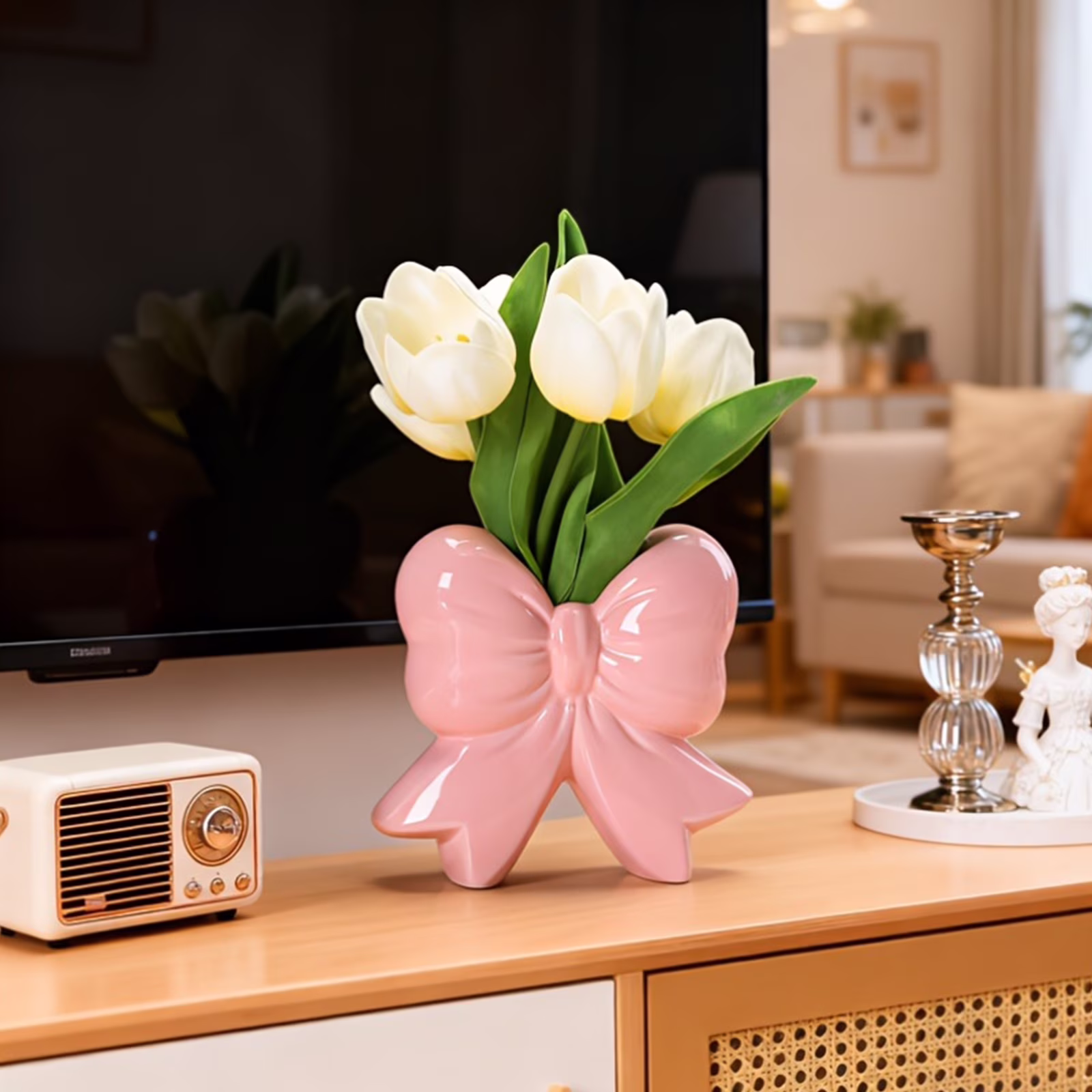 Pink Bow Vase Coquette Ceramic Vase Pen Holder 4.5 x 1.9 x 4.7 in Makeup Brush Holder Contemporary Design Decorative Women Gift for Christmas Home Office Shelf Table Room
