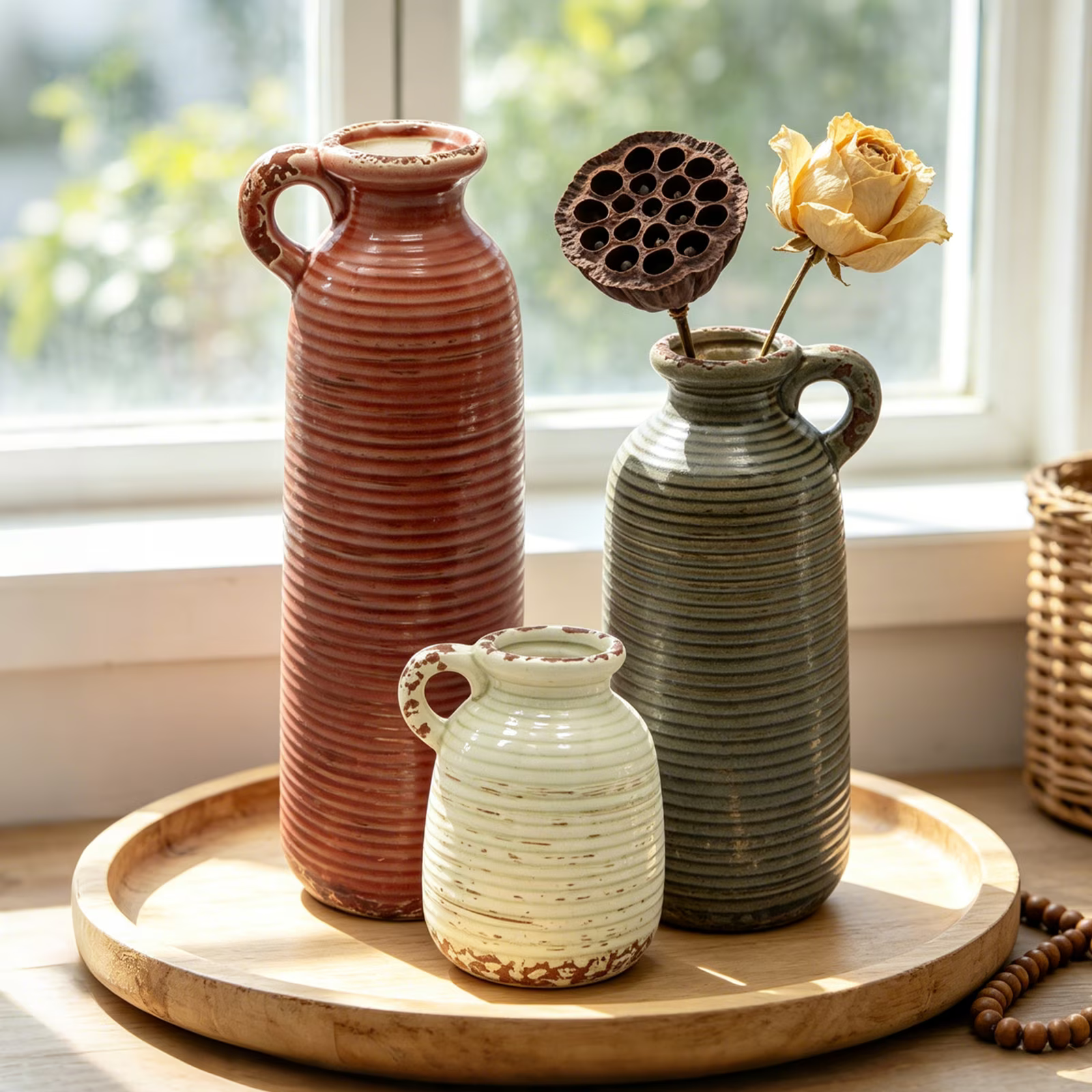 Set of 3 Neutral Ceramic Vases with Handle, Rustic Farmhouse Boho Decorative Vases for Pampas Grass, Table, Mantel, Living Room, Kitchen, Bathroom