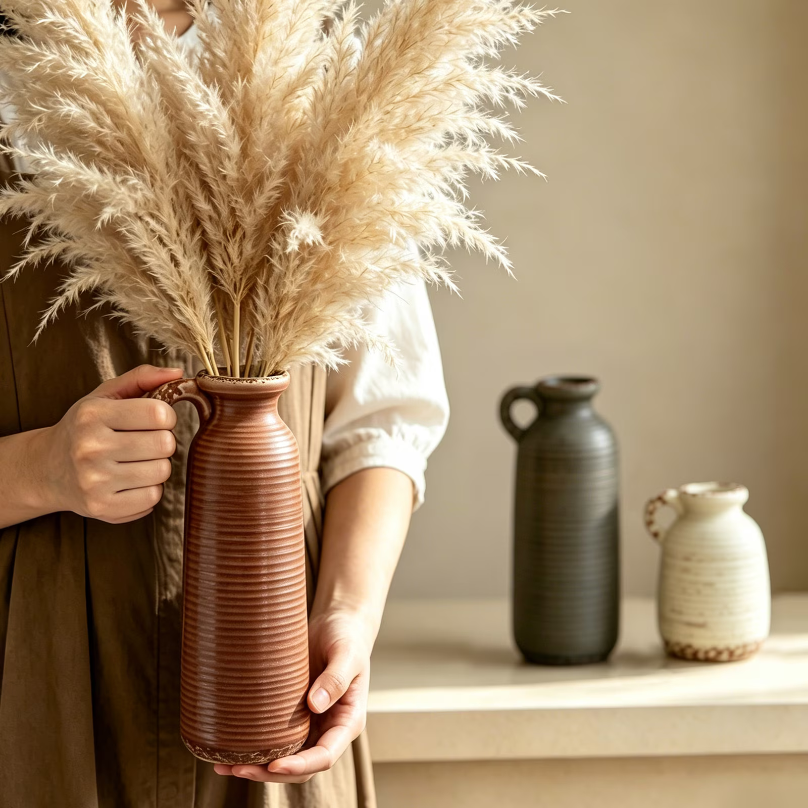Set of 3 Neutral Ceramic Vases with Handle, Rustic Farmhouse Boho Decorative Vases for Pampas Grass, Table, Mantel, Living Room, Kitchen, Bathroom