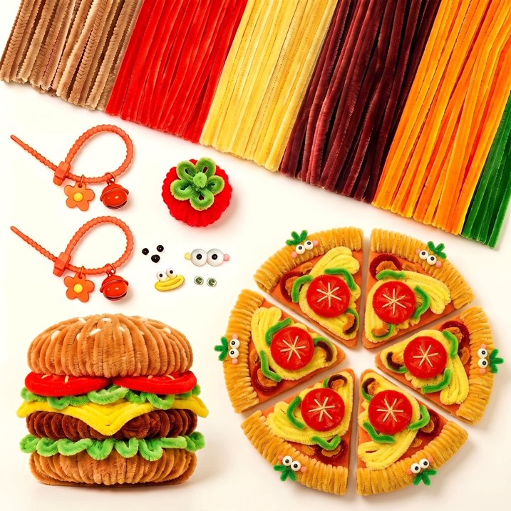 MQUPIN 408 Pcs Pipe Cleaners and Includes a Variety of Accessories, 5 Colors Pipe Cleaners Crafts,Cute Pizza Shape Chenille Stems for Arts and Craft Projects Creative DIY Decorations