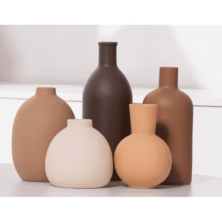 Ceramic Vase Set of 5, Vases Home Decor Rustic Farmhouse Decorative Vase Pottery Vases for Bouquet Pampas Grass Dried Fresh Flowers, Table Living Room Kitchen Bedroom Bathroom - Brown