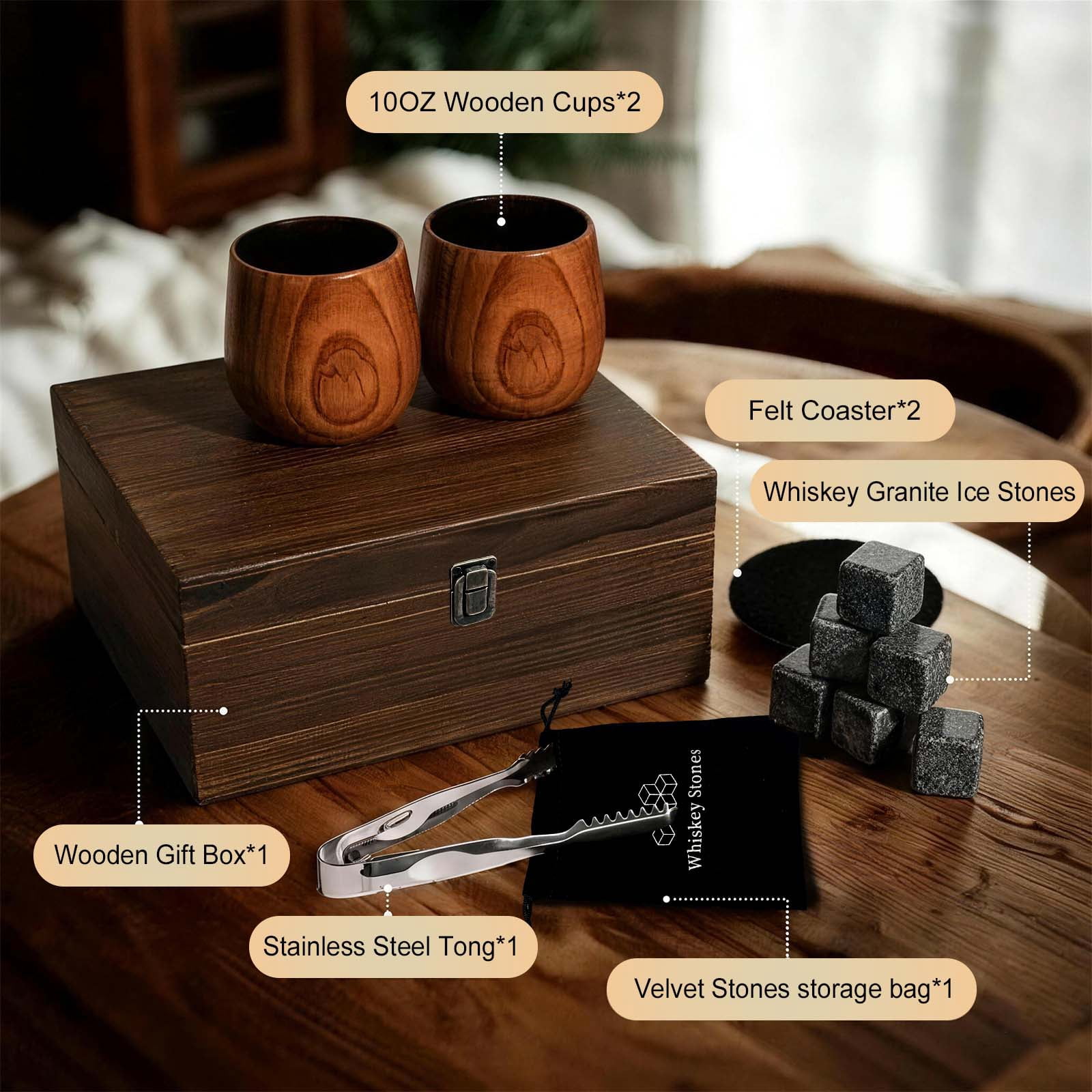 MQUPIN 10oz 2 Pack Whiskey Glass Gift Set, Original Charred Wood Handmade Bourbon Old Fashioned Tumblers, Ideal Gifts for Men, Dad, Husband