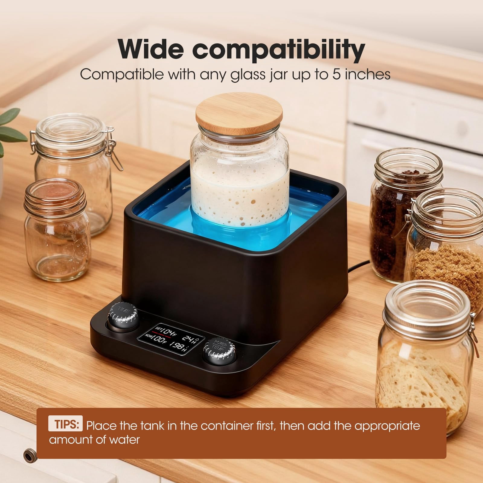 Sourdough Starter Warmer, Water Bath Uniform Warming, Precise 1°F Thermostat (70–104°F), 198H Timer, Fits Jars Up to 50oz, Sourdough Heater for Sourdough Home Baking & Consistent Fermentation